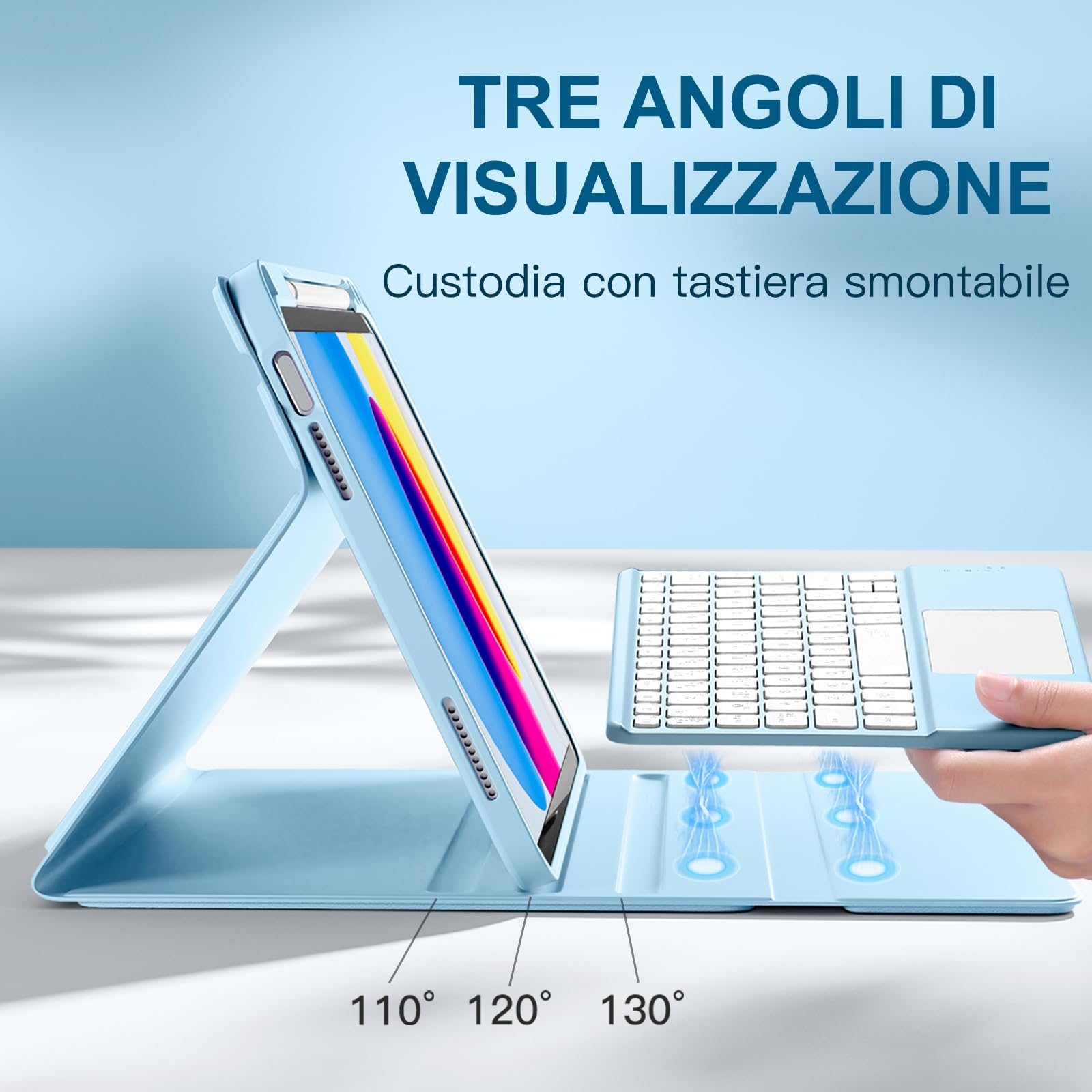 Vobafe Tastiera iPad 10 Generazione 10.9 Pollici 2022, Cover con Tastiera Rimovibile iPad A16 11 Gen 2025 con Trackpad, Italiano QWERTY con 7 Colori Illuminato, Custodia con Portapenna,Blu chiaro