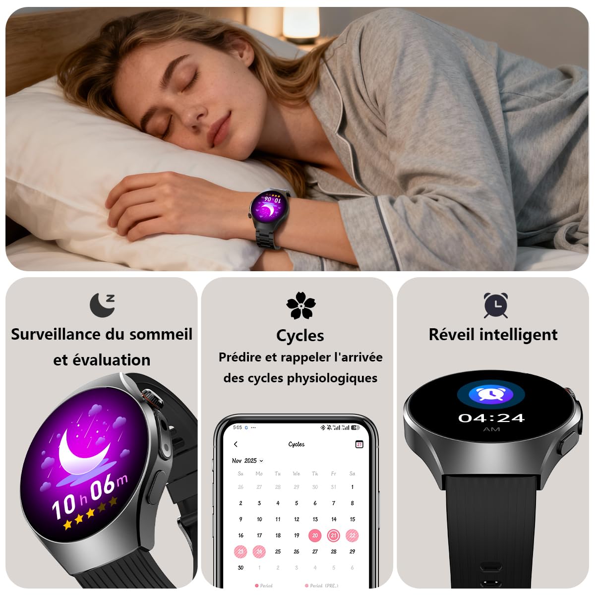 Montre Connectée Fitness Hommes Femmes ECG/Fréquence Cardiaque/Pression Artérielle/Calories/Moniteur Sommeil Tracker Activité 1,56 AMOLED Appels Bluetooth 14 Jours Autonomie