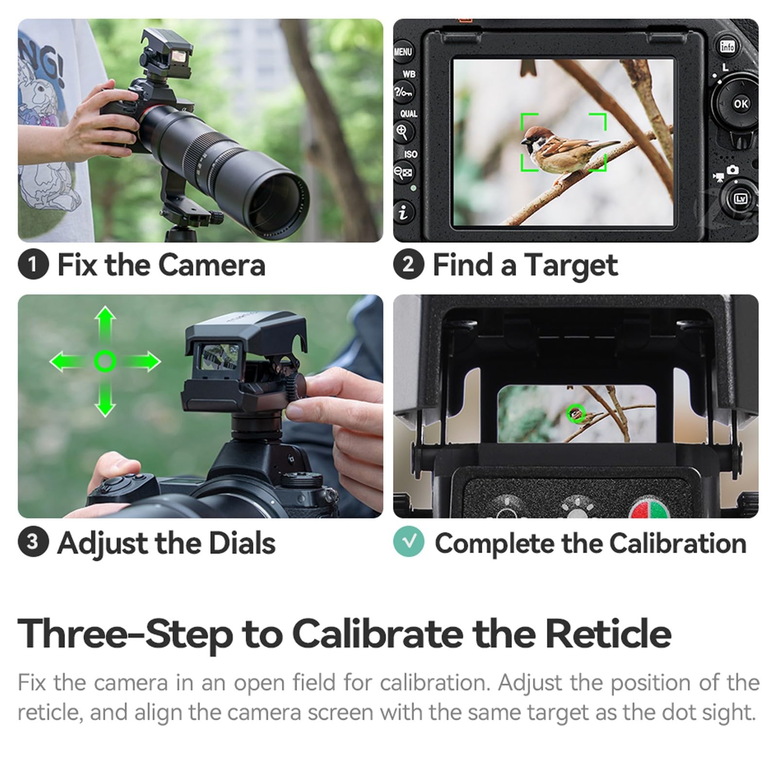 TTArtisan Dot Sight Red/Green Reticle Dot Sight pour la photographie téléobjectif, prise de vue d'oiseaux, avec 5 réglages de luminosité, griffe froide universelle compatible avec Canon Nikon Sony Fuj