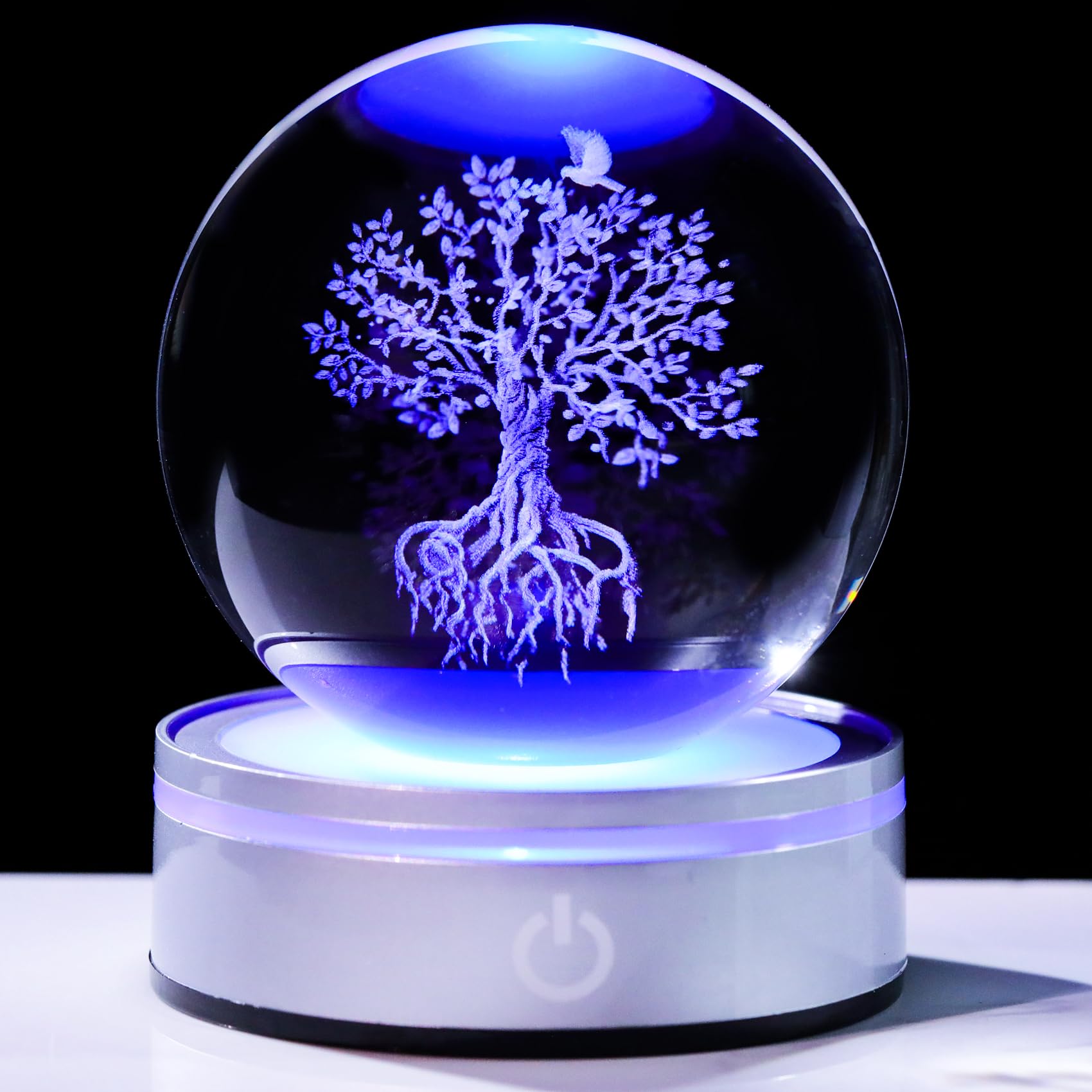 YWHL 80mm Tree of Life Crystal Ball with Colorful LED Base 3D Laser Engraved Glass Tree Life Figurines Decor Spiritual Growth Gifts for Men Women Decorative Globes 3D Crystal Plant Sphere