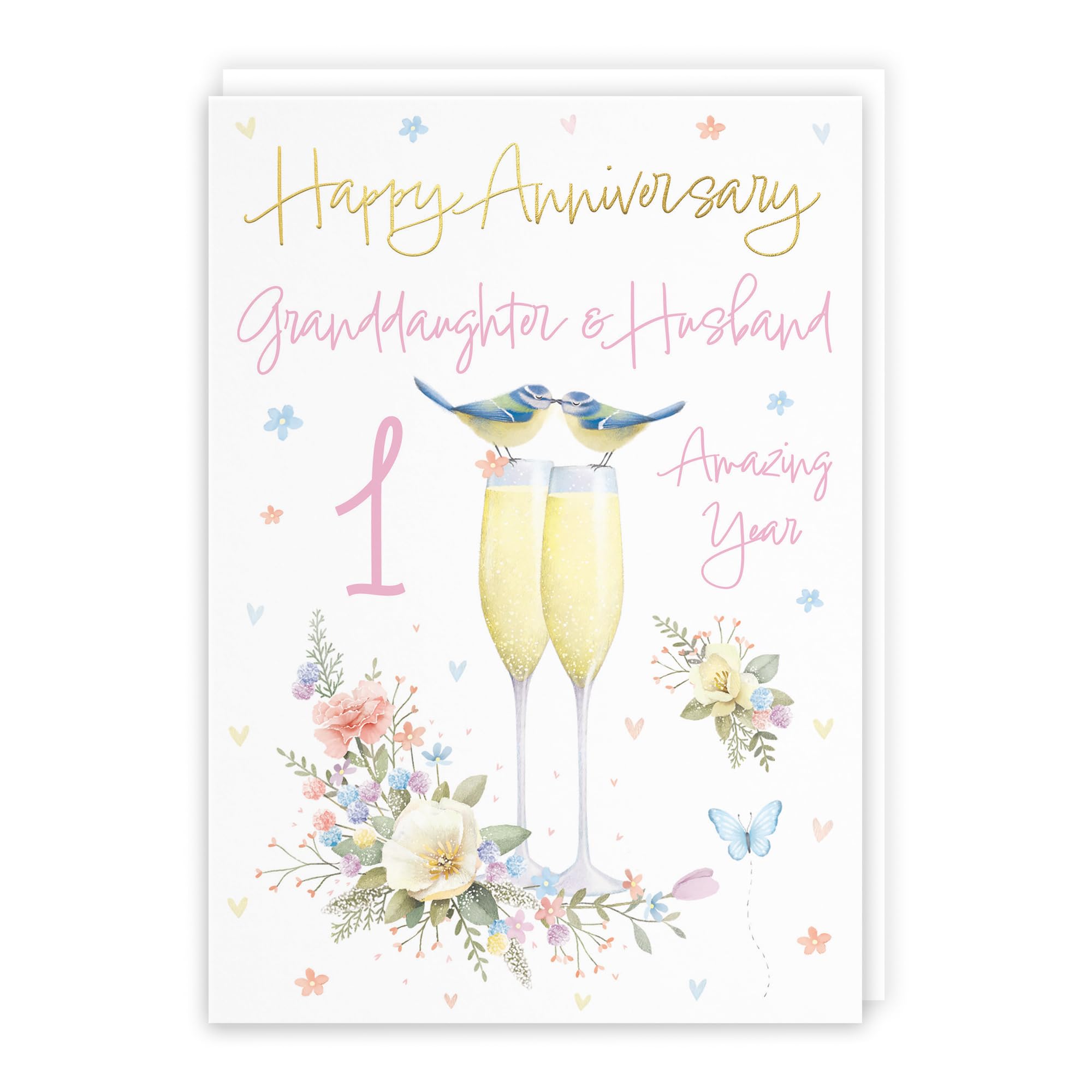 Hunts England, Granddaughter And Husband 1st Anniversary Card, A5 Size, Champagne Flutes, Gold Foil