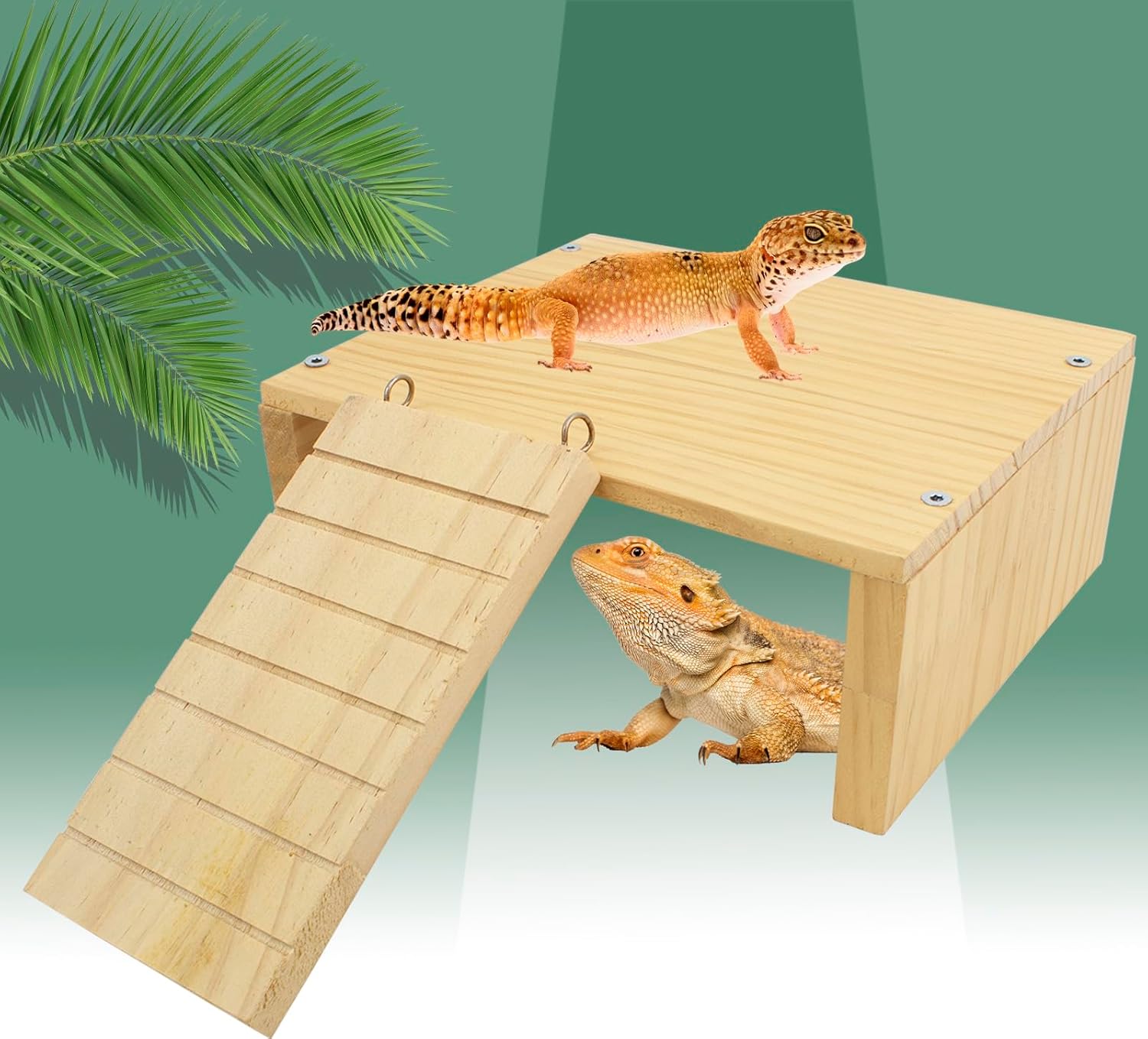 FlidRunest Reptiles Hide, Bearded Dragon Hide Cave with Ladder, Gecko Basking Platform for Tank, Wooden Accessories for Bearded Dragon Lizard Geckos Hamster