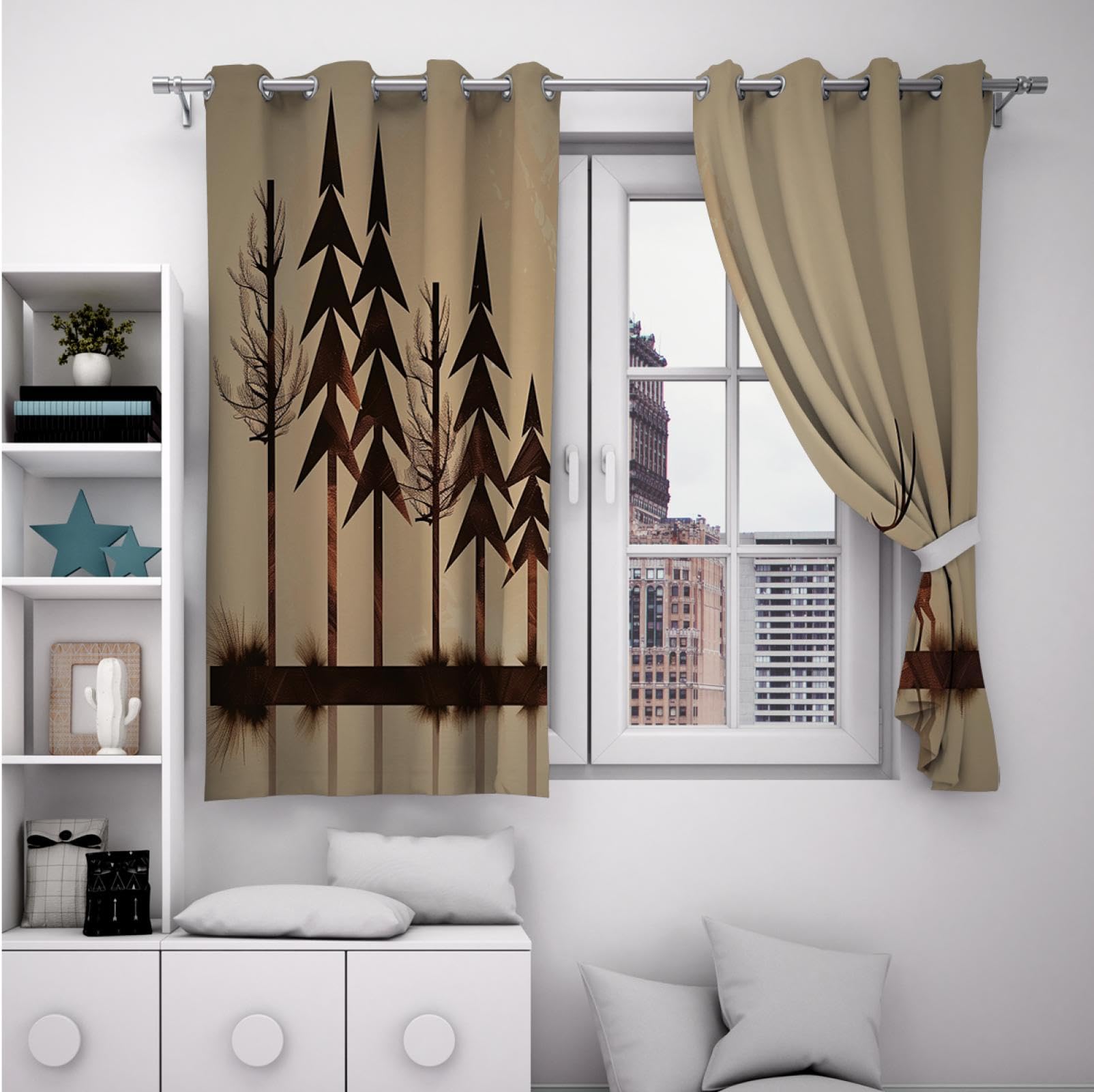 HOBBOY Geometric Curtains Country Farmhouse Window Drapes Simple Style Deers Pattern Darkening Grommet Curtains for Bedroom Living Room 2 Panels 2X W38xL63in