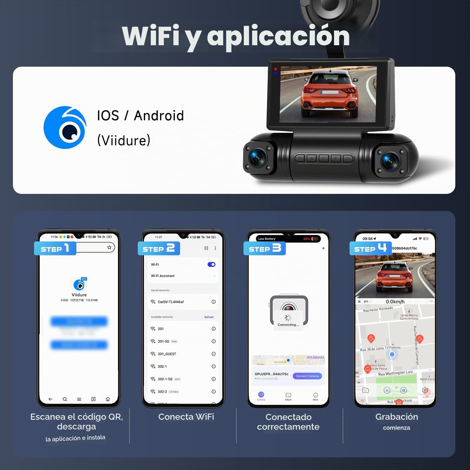 Hodozzy 2K Dash CAM Coche con 4 Cámaras 360°Delantera y Trasera Giratoria Izquierda Derecha, Pantalla 3 Pulgadas, Monitor Modo Aparcamiento, WiFi & App, Visión Nocturna y Grabación, Sensor G, Tarjeta