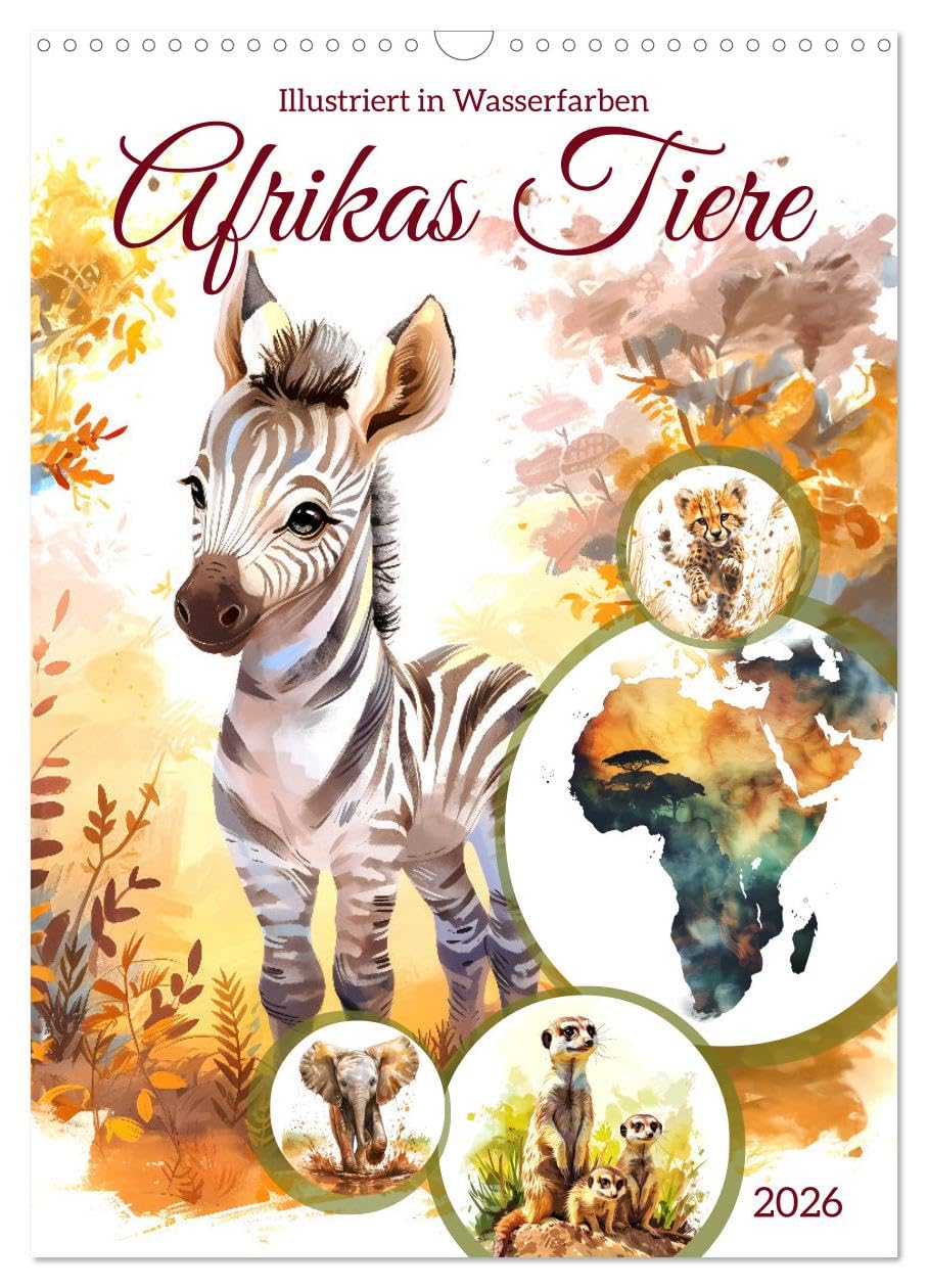 Africa's animals - Illustrated in watercolors UK-Version (Wall Calendar 2026 DIN A3 Portrait), CALVENDO 12 Month Wall Calendar — image 1