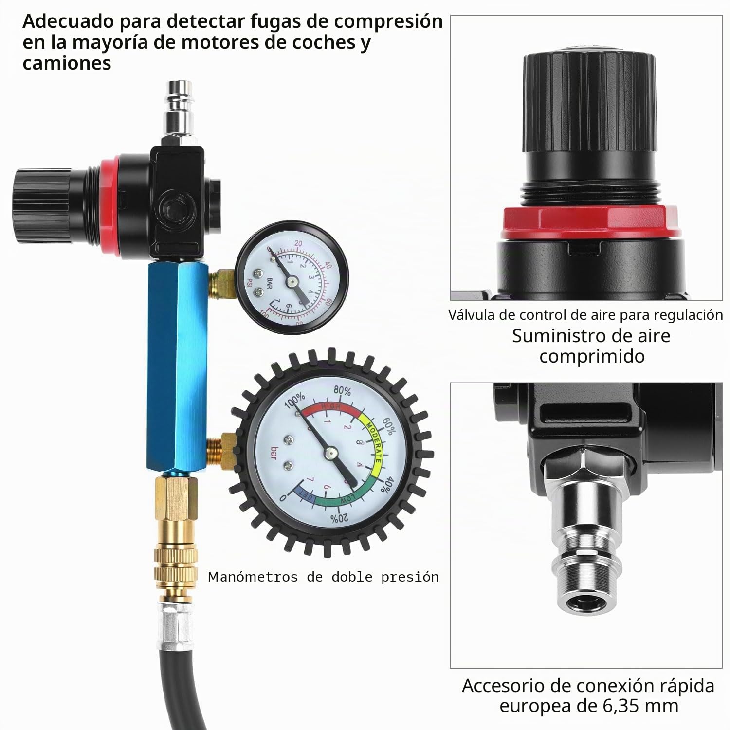QWORK® 46 piezas juego de comprobador de compresión y pérdida de presión - 0-50 bar/0-725 psi para motores diésel y gasolina, M8, M10, M12, M20, M22, M24