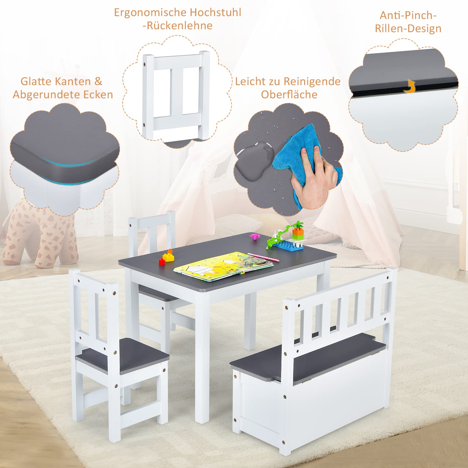 DREAMADE Kindertisch mit 2 Stühlen, Kindersitzgruppe mit 22L Strauraum, Kindertisch aus Holz, Kindertruhenbank Kindermöbelset Holzsitzgruppe für Kinderzimmer, Spielzimmer, Wohnzimmer (Grau)