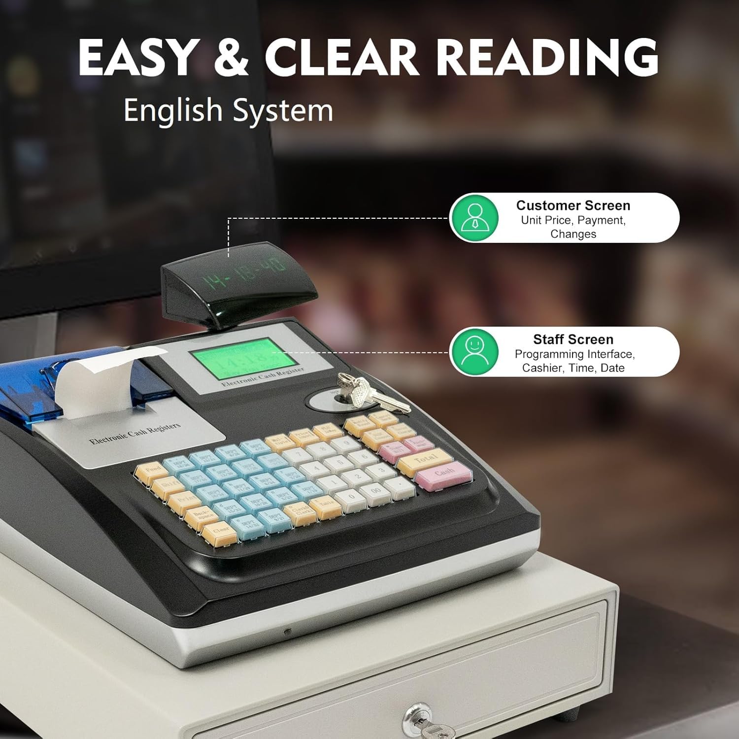 Caja registradora electrónica, versión inglesa con cajón de efectivo, 48 teclas, doble pantalla LED, caja registradora, varios métodos de pago, caja registradora electrónica para restaurantes