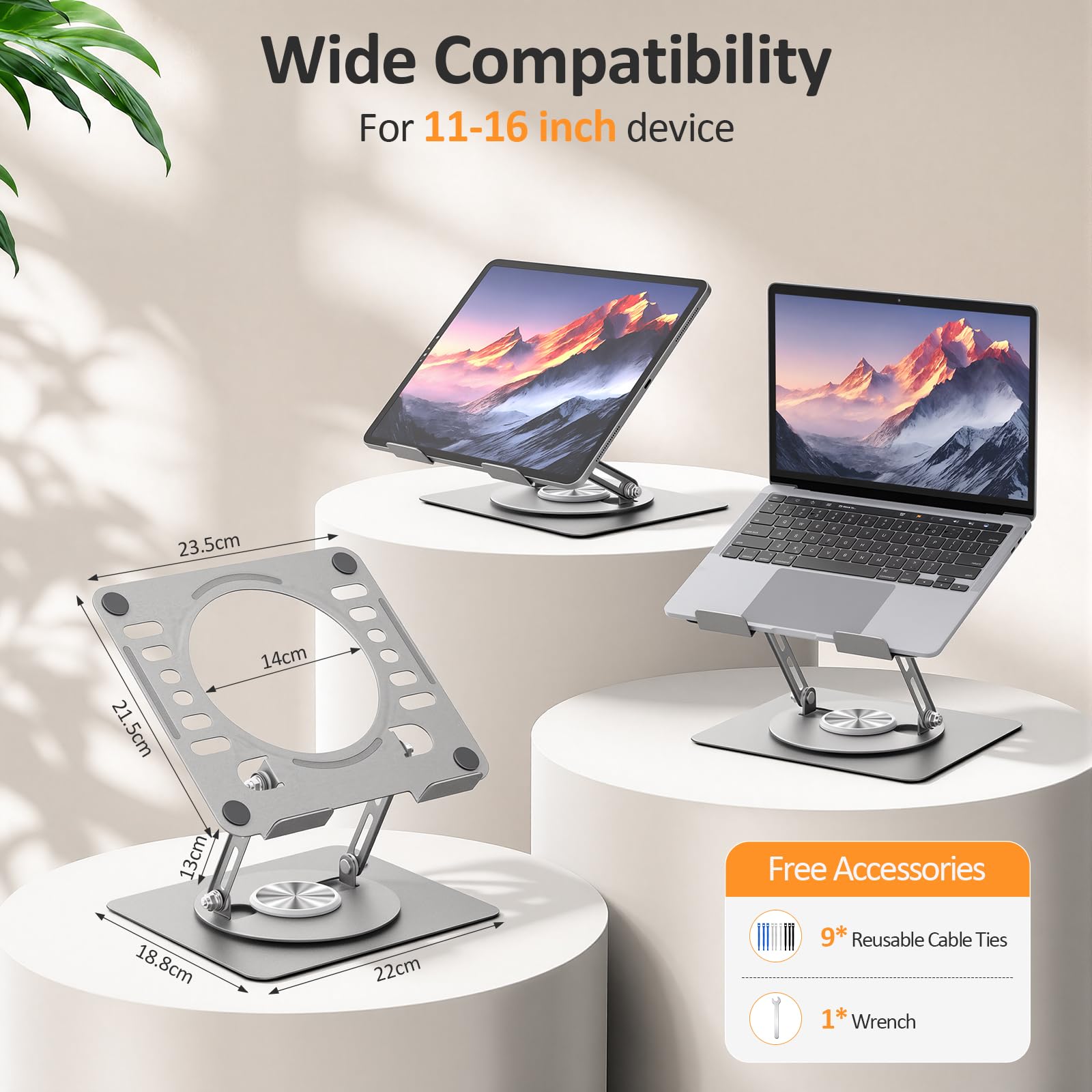 Euqvunn Support Ordinateur Portable, Pliable Support PC avec Base Rotative à 360°, Rehausseur Ordinateur Portable, Réglable en Hauteur et en Angle, Compatible avec MacBook Pro/Air, 11–16"(Argent)