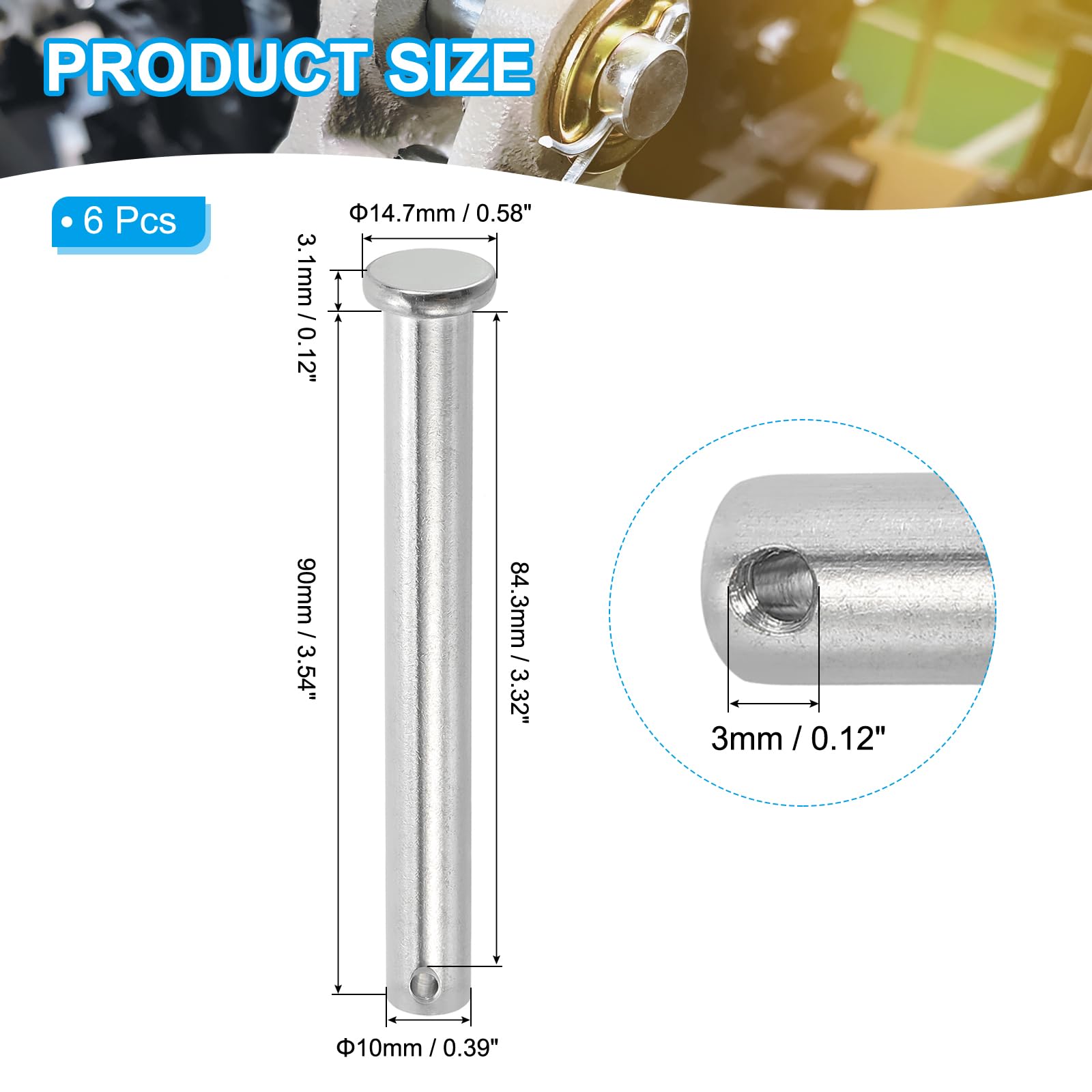 PATIKIL 10 x 90 Mm Single Hole Clevis Pins, 6 Pcs 304 Stainless Steel Flat Head Pin for Hitch Pin Lock Link Hinge Systems, Silver - Image 2
