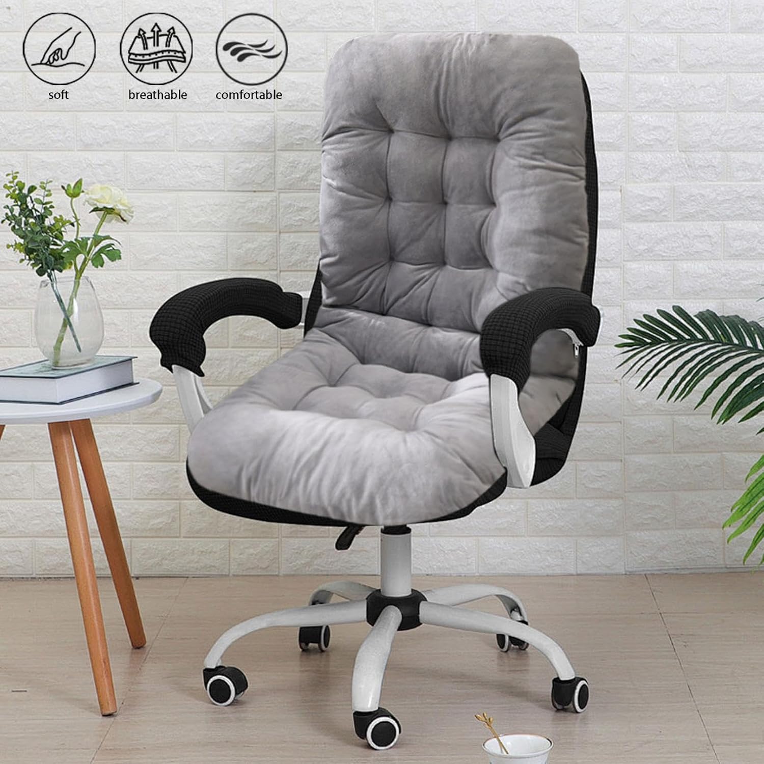 Rocking Chair Seat Cushion Velvet High Back Pad – Fluffy Couch Back Cushion with Straps for Office, Patio, Egg Chair, or Recliner (Grey)