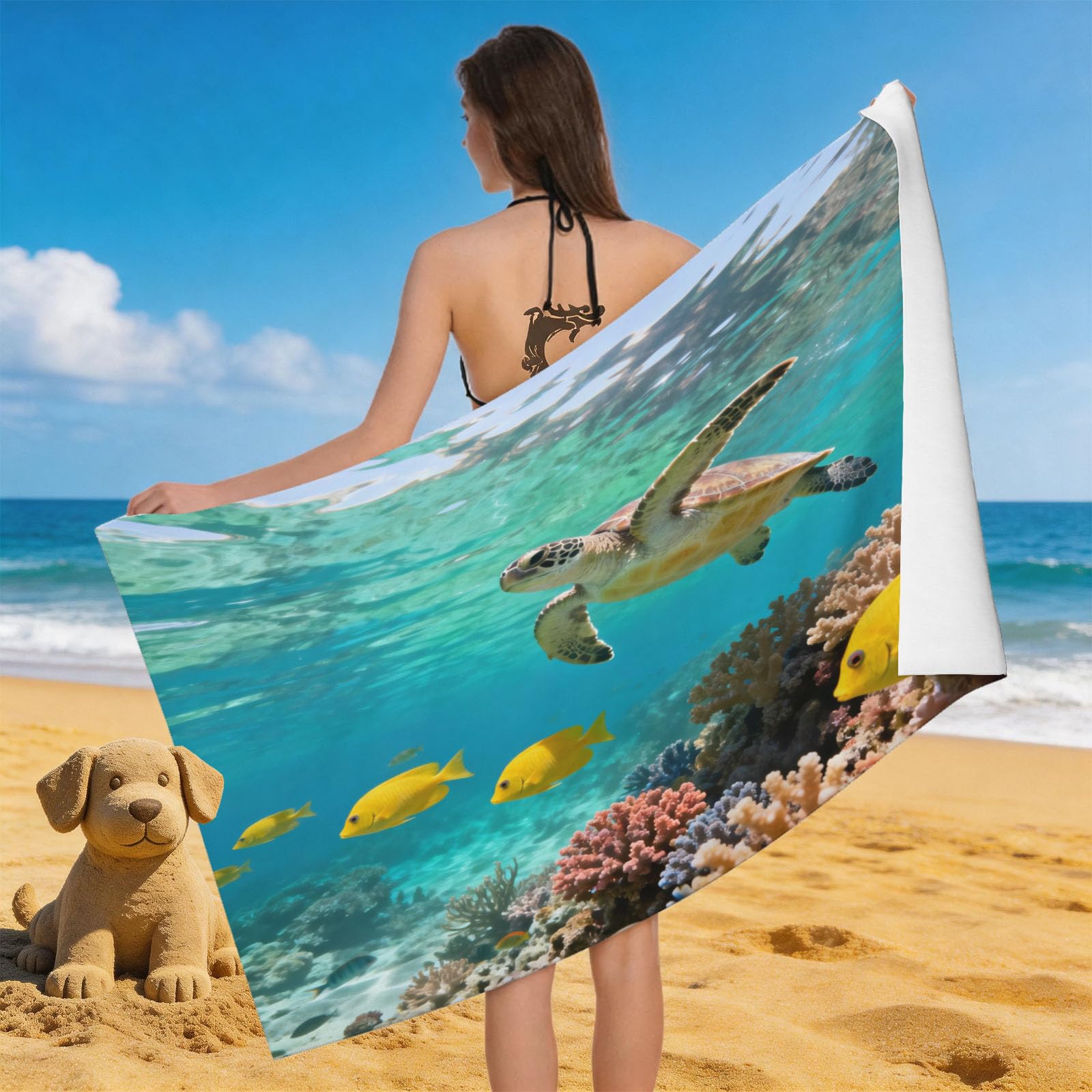 Leichong 3D Sea Turtle Beach Towel Large Microfiber Soft Quick Dry for Adults, The Underwater World Bath Towel Lightweight Soft Absorbent for Travel Swimming Pool Sports, 180 x 90 cm