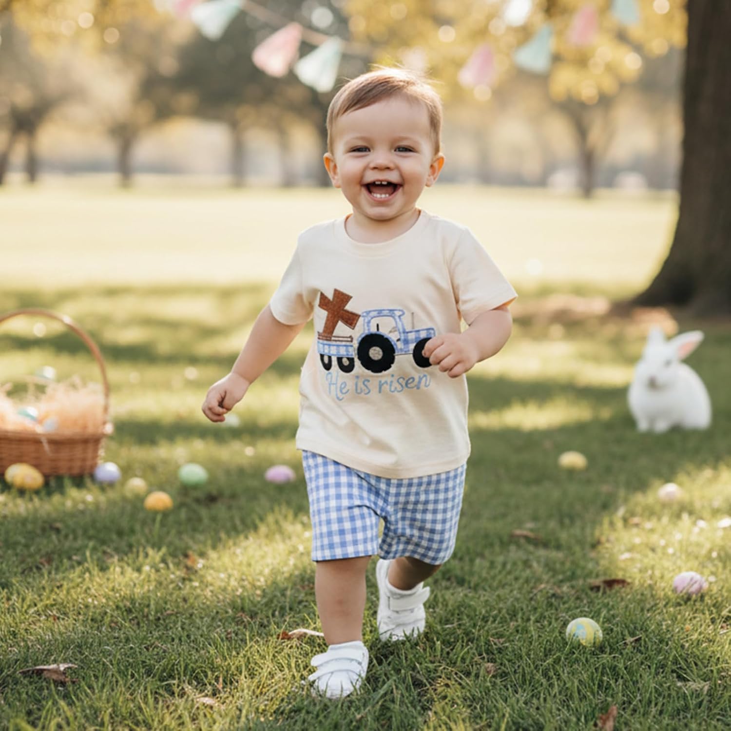 KMBANGI Toddler Baby Boy Easter Clothes Short Sleeve He is Risen Cross T-Shirt Plaid Shorts 2Pcs Set Jesus Loves Me Outfit - Image 3