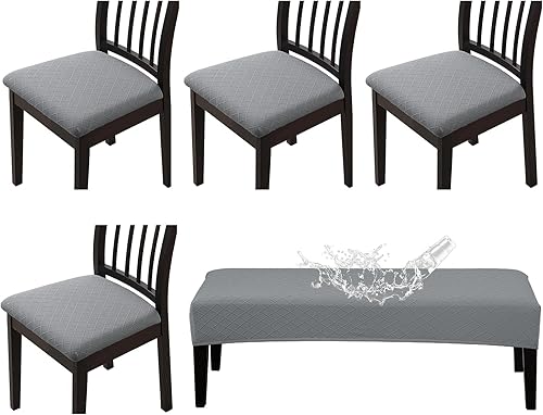 Juego de 4 fundas de asiento impermeables para sillas de comedor con funda elástica de banco de tela jacquard, fundas extraíbles y lavables para
