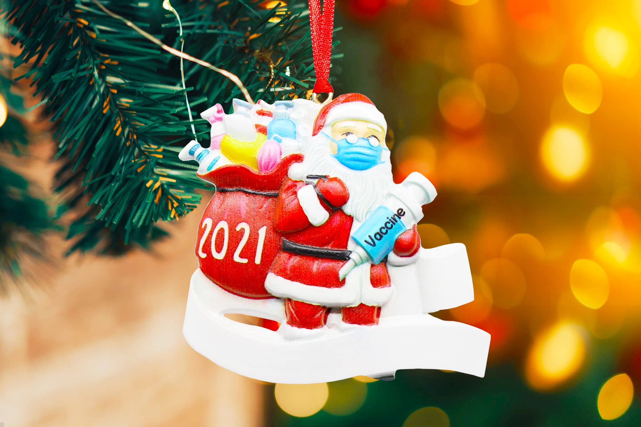 2021 Christmas Ornaments, Santa Claus Ornaments, Christmas Tree Decoration Hanging Pendant, Santa Claus Wearing Face Cover with Gift Bag, Commemorative and Creative Gift
