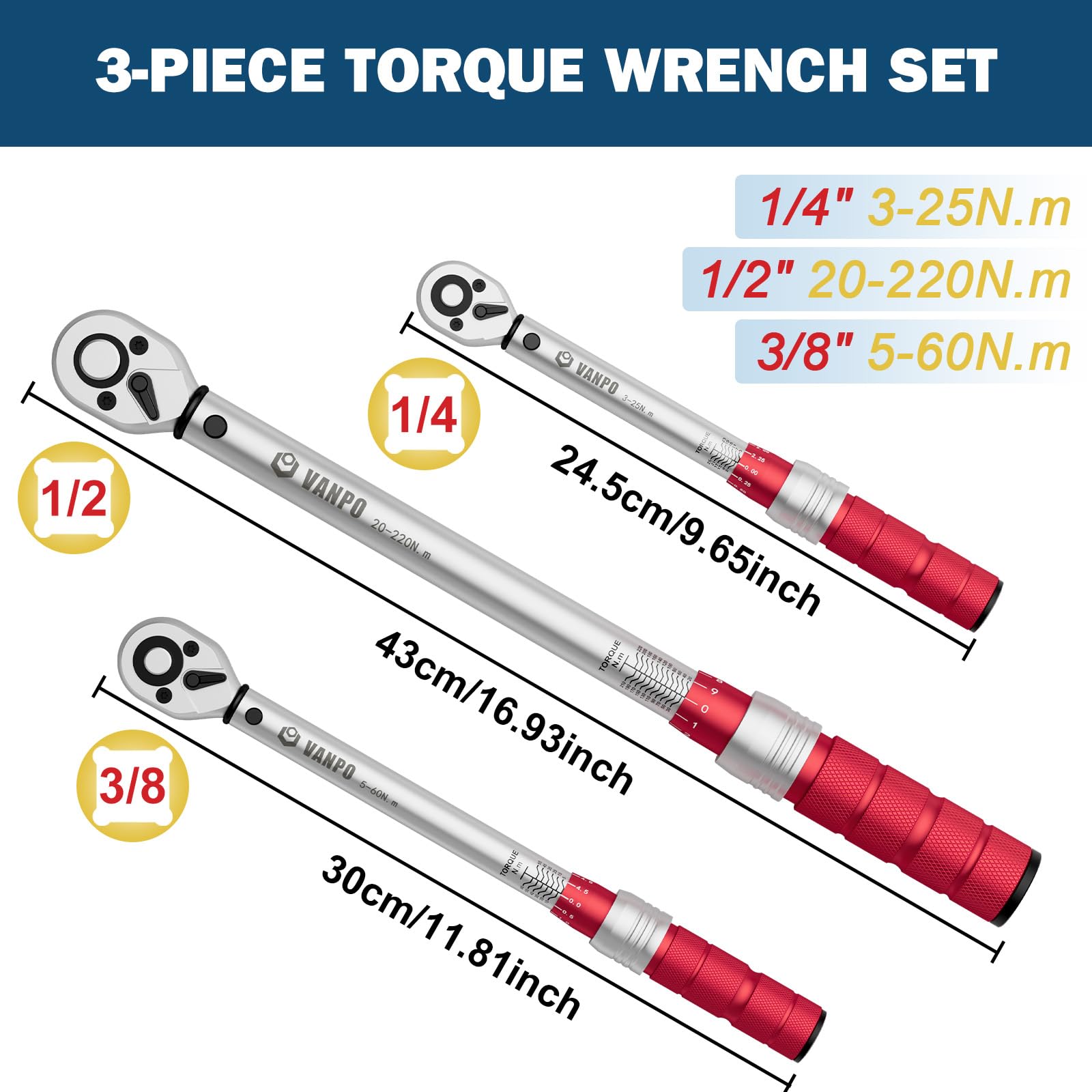VANPO Drehmomentschlüssel 1/4" & 3/8" & 1/2", 3-25Nm, 5-60Nm, 20-220Nm | 3 teilig Torque Wrench Set, ±3% Fehlergenauigkeit mit 72 Zähne Wende Ratschenkopf für Fahrrad, Motorrad, Auto Wartung