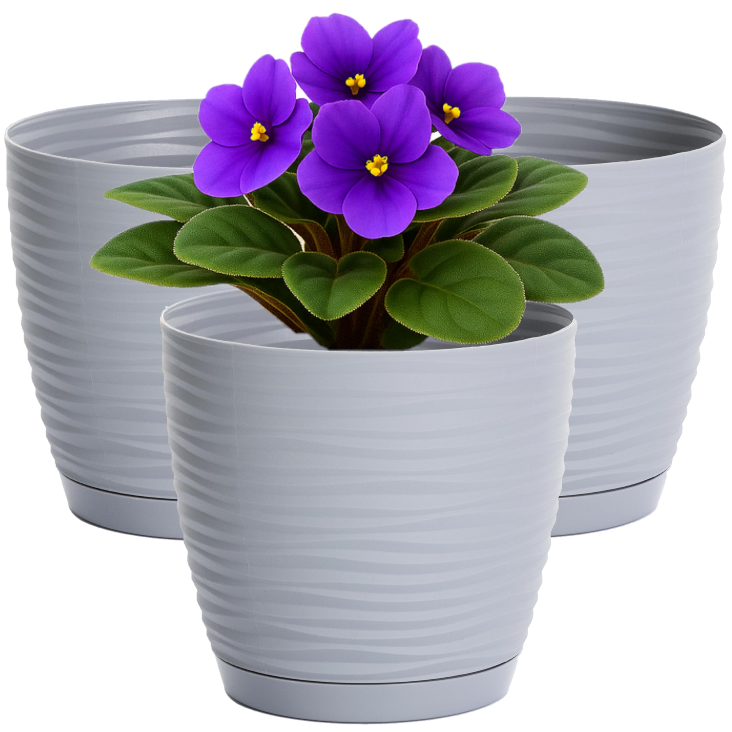 Home Garden Ornaments Wave Plant Pots Indoor, Set of 3 Indoor Plant Pot with 3D Effect, Drainage Holes, and Integrated Saucer, Plastic Flower Pots (Diameter: 17cm, Colour: Grey)