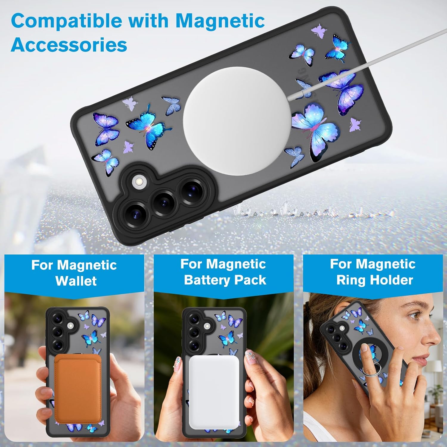 Magnetic Case for Samsung Galaxy S26, Cute Butterfly Pattern [Compatible with MagSafe] Full Camera Protection TPU and PC Translucent Shockproof Phone Cover for Women Girl