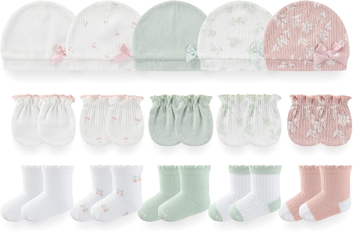 BIGBIGKISS Infant Baby Girl Boy Hats Mittens and Soft Socks Set 0-6 Months | 100% Cotton, Infant Caps, Newborn Soft Gloves