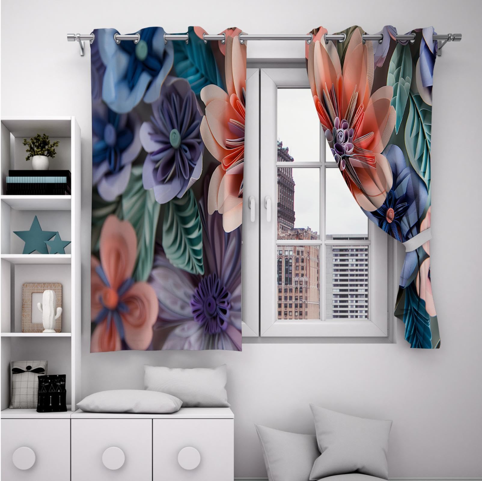 Kreatywne kolorowe kwiaty zasłony do salonu kwiat papieru origami zaciemniające termiczne zasłony na przelotkach do salonu sypialni okna szer. 117 x dł. 229 cm 2 panele