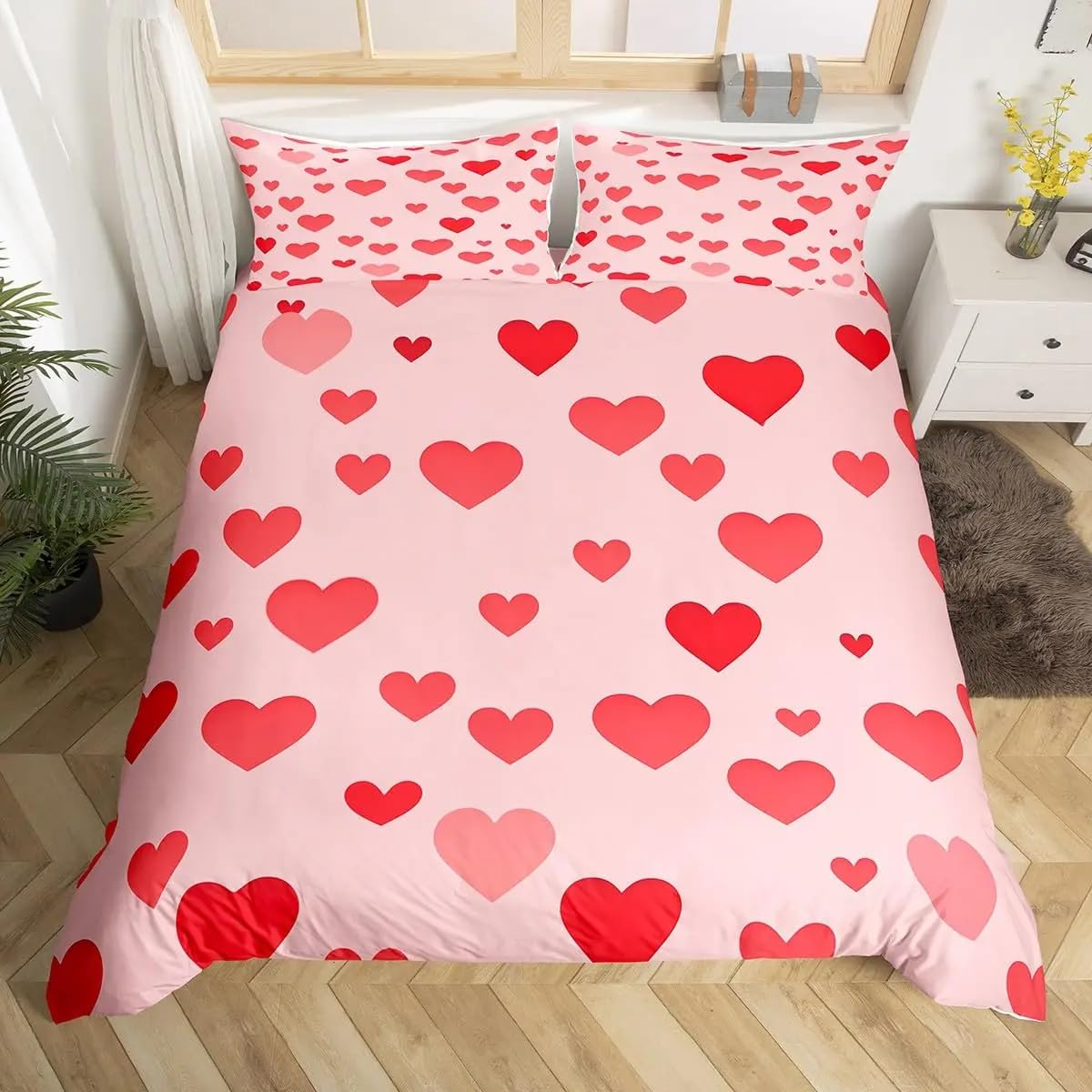 Housse de couette rose rouge avec cœur pour chambre romantique King 240x220