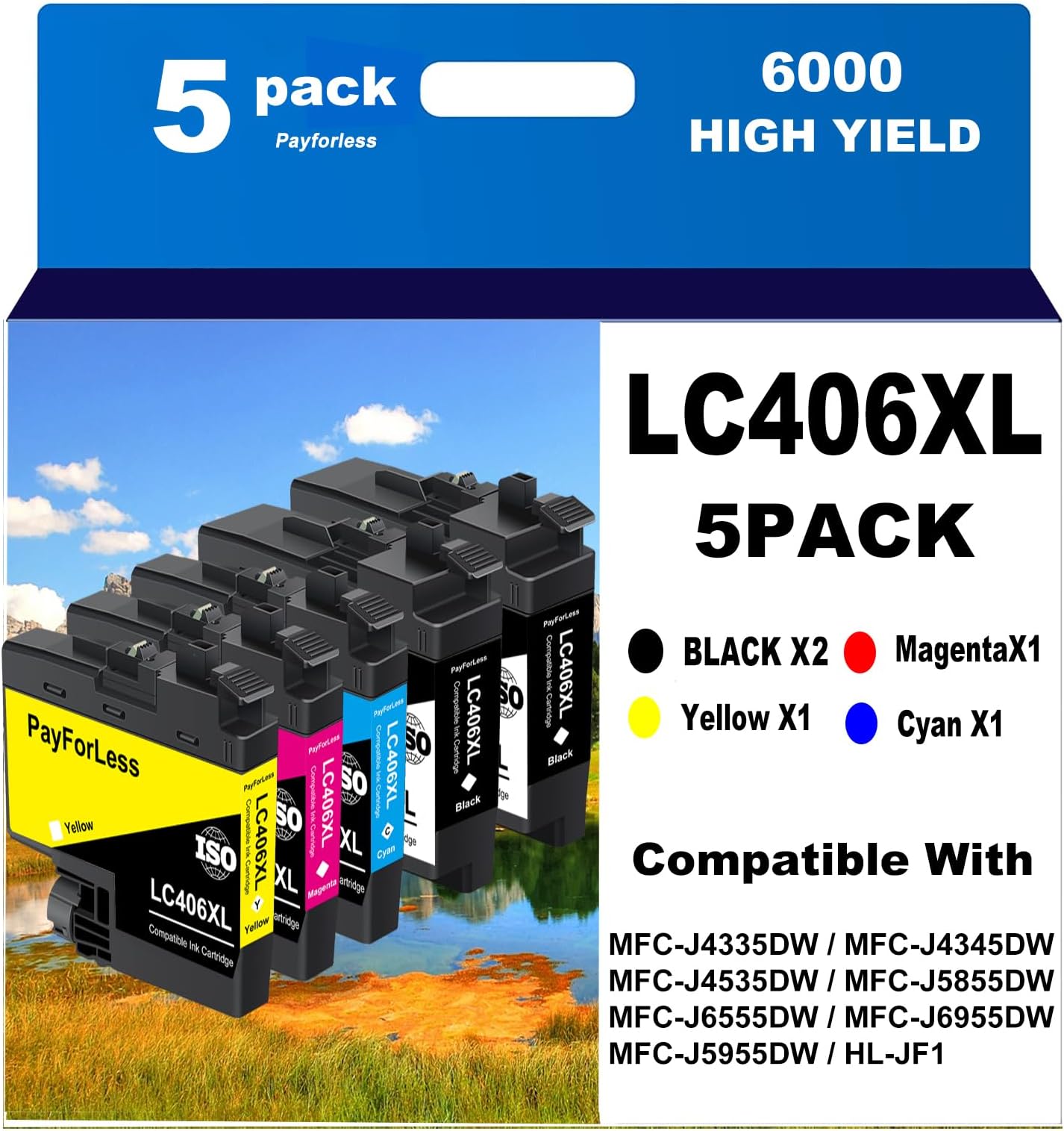 LC406XL Ink Cartridges Compatible for Brother LC406XL LC406 for Brother MFC-J4335DW MFC-J4535DW MFC-J5855DW MFC-J6555DW MFC-J6955DW Printer 5 Pack(2 Black Cyan Magenta Yellow)