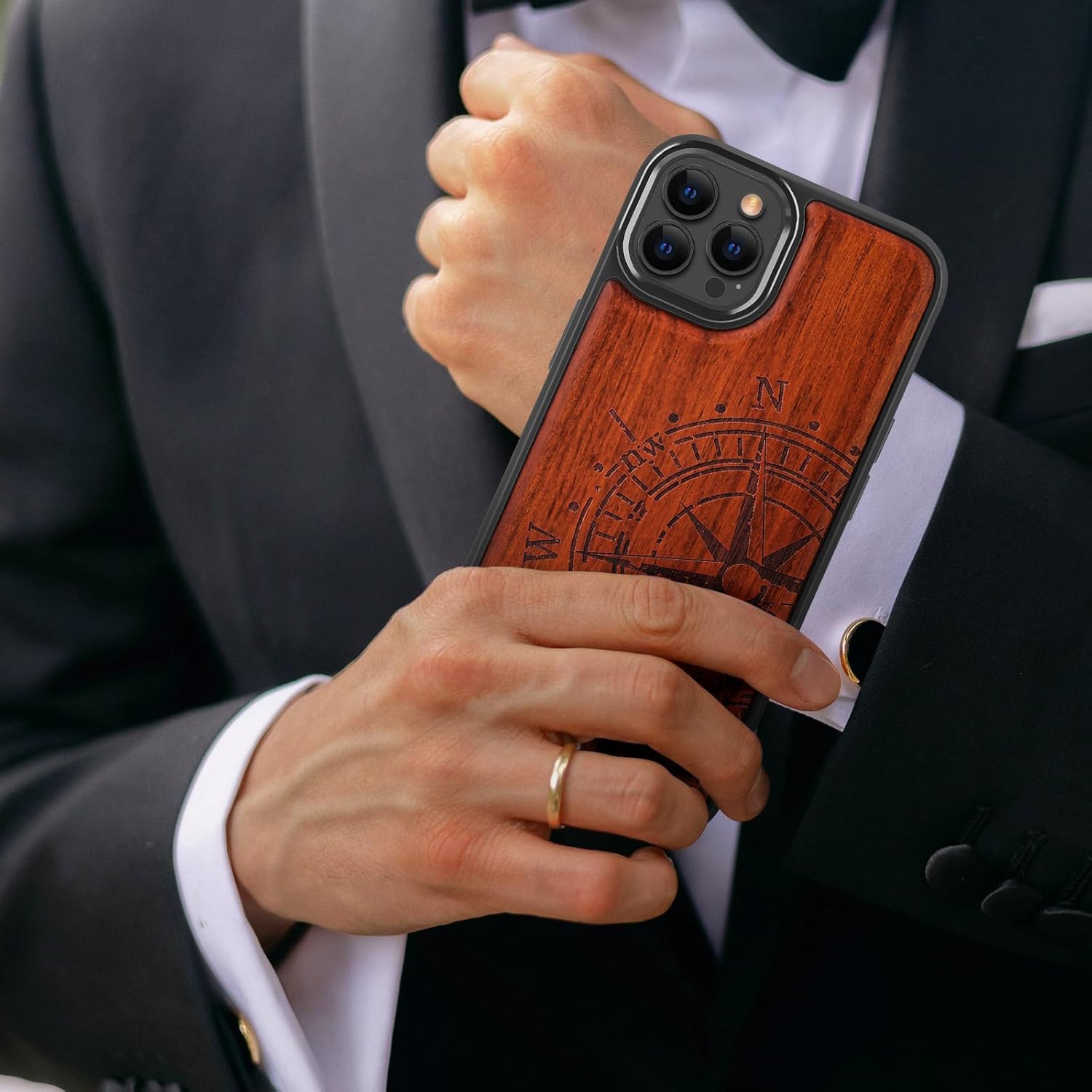 Magnetic Wood Case for iPhone 14 Case/iPhone 13 Case Natural Wood I Metal Lens Frame Protection I Unique & Classy Wooden Shockproof Protective Cover Compatible with magsafe-Rose Wood-Compass