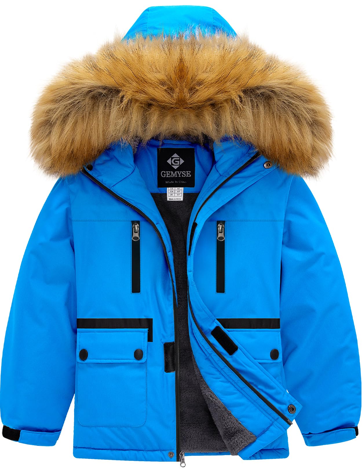 GEMYSE Boy's Winter Waterproof Ski Snow Jacket Hooded Fleece Windproof Jacket