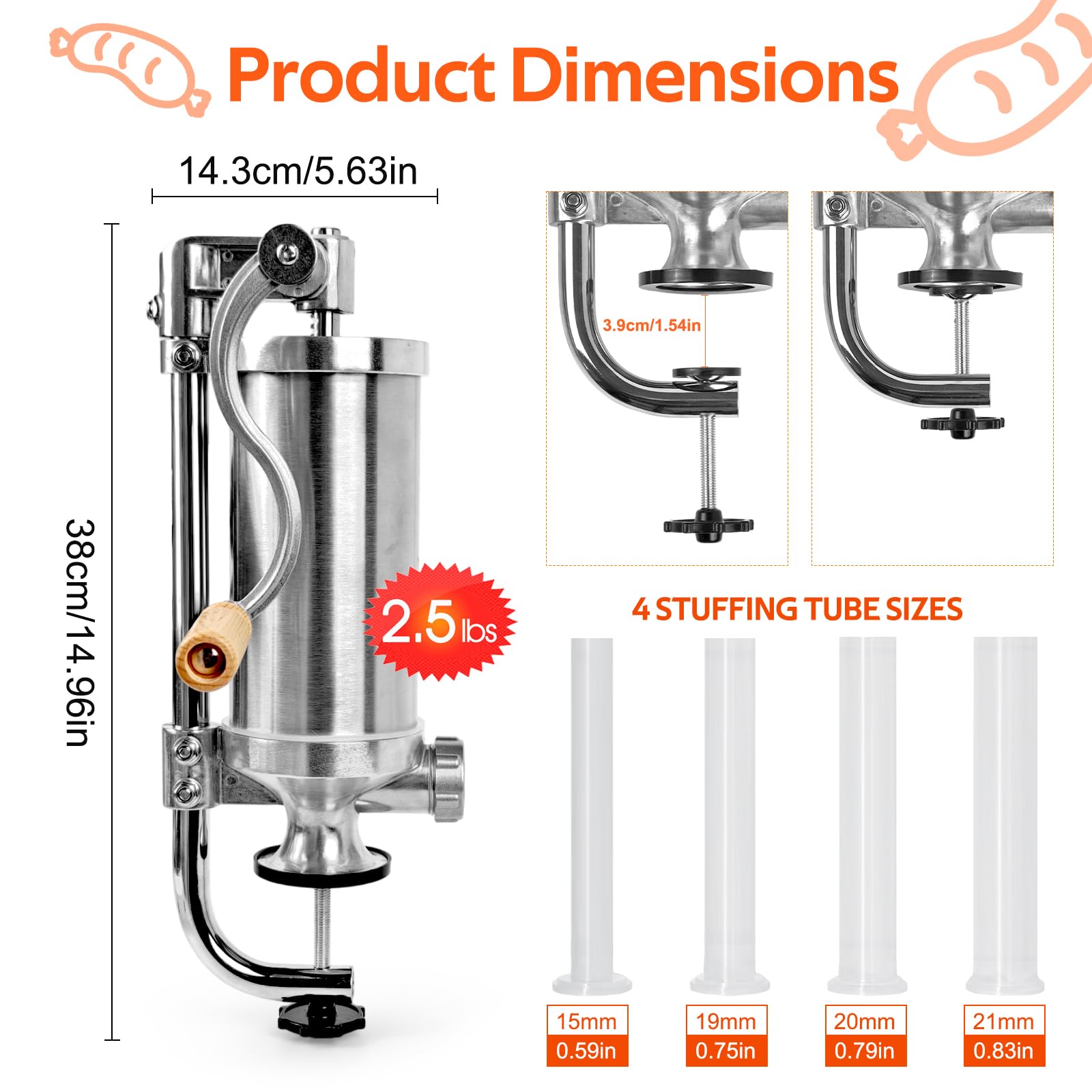 Joyeee Wurstfüller Manuelle 2.5 LB, Vertikal Wurstmaschine aus Edelstahl mit Handkurbel und Tischklemme, inkl. 4 Füllrohre Aufsatz, professionelle Wurstpresse Fleischmühle für Hausgemachte Wurstbrät