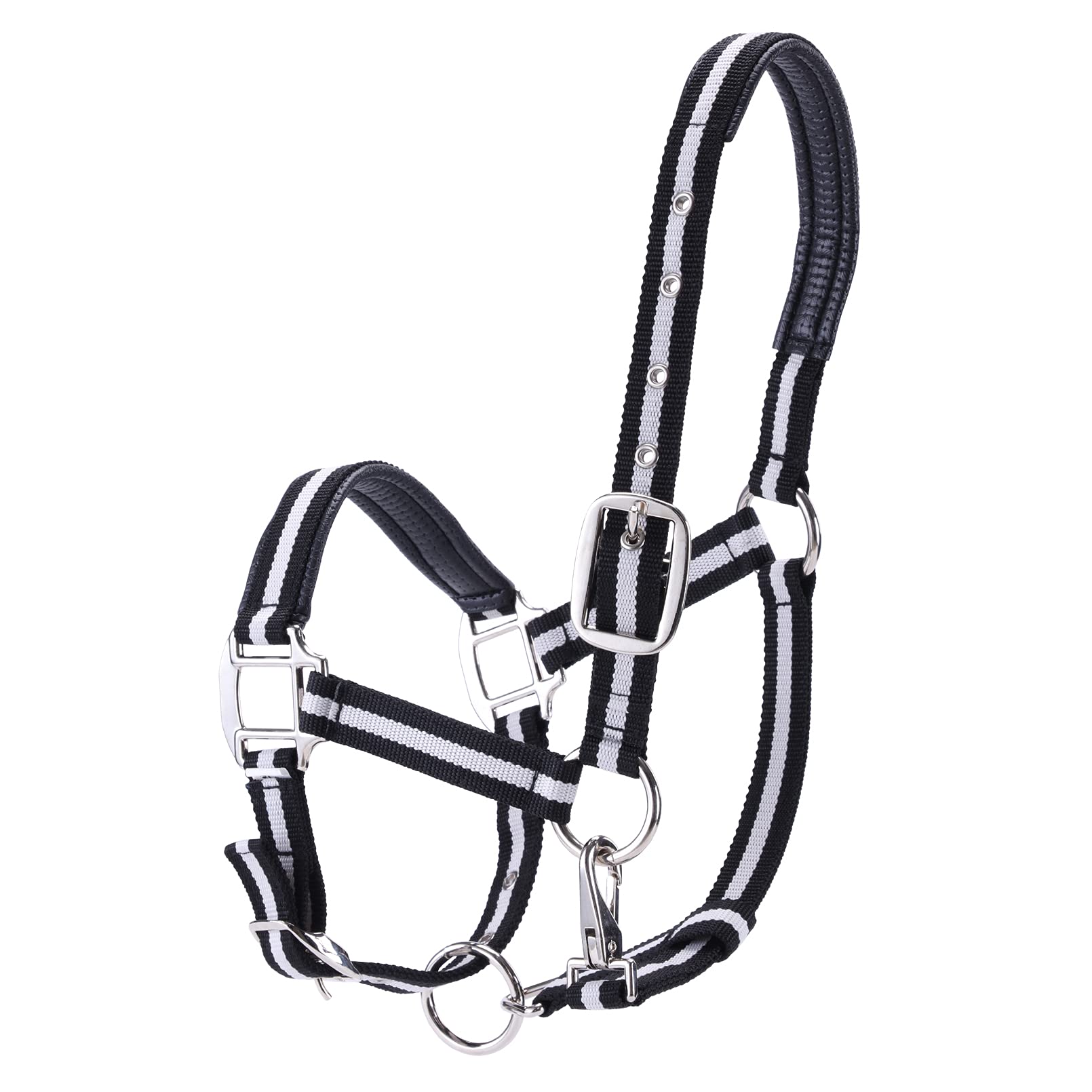 Licol réglable pour cheval – Sangle et matériel en nylon très résistant, rembourré avec mousse anti-frottement rembourrée sur la couronne et le nez Noir