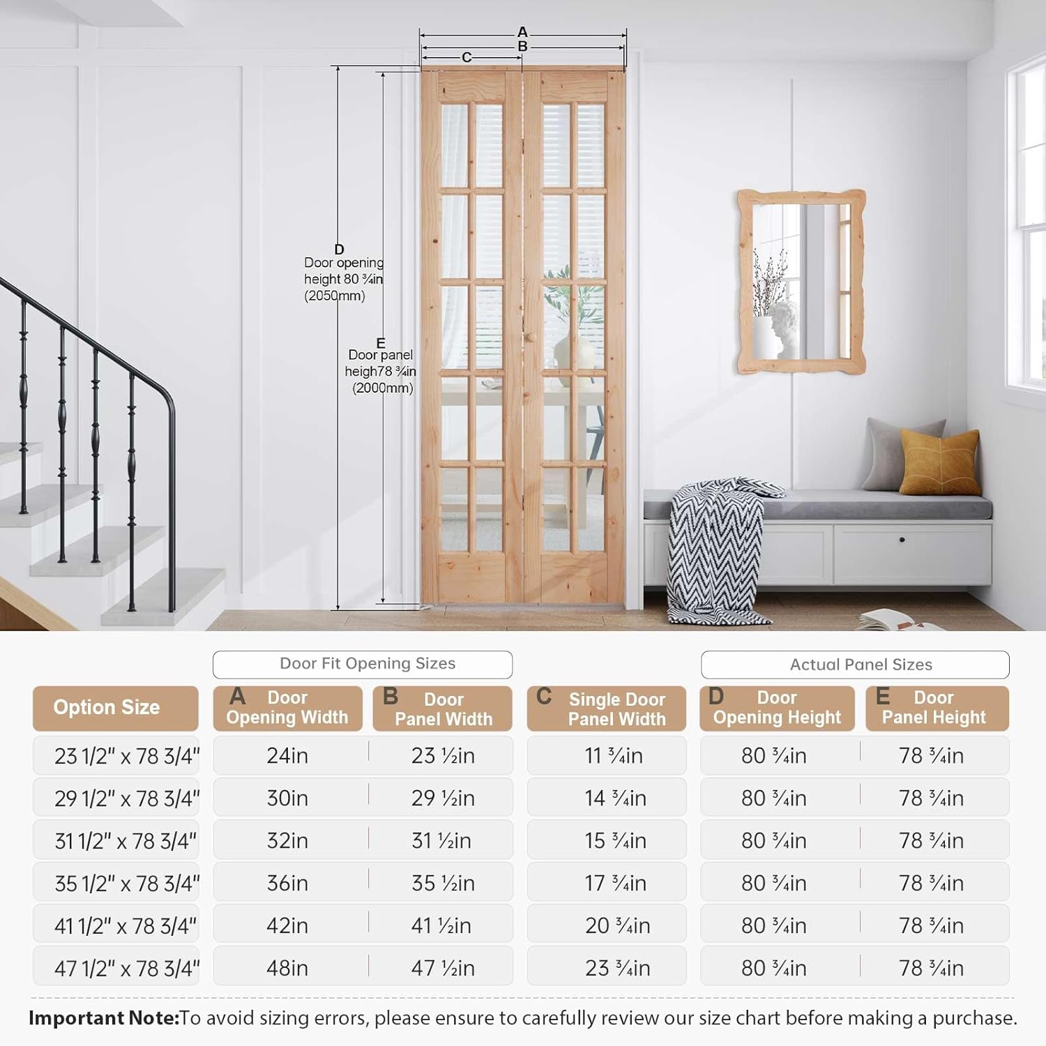 Table showing various bifold door sizes, including door opening width, door panel width, single door panel width, door opening height, and door panel height.