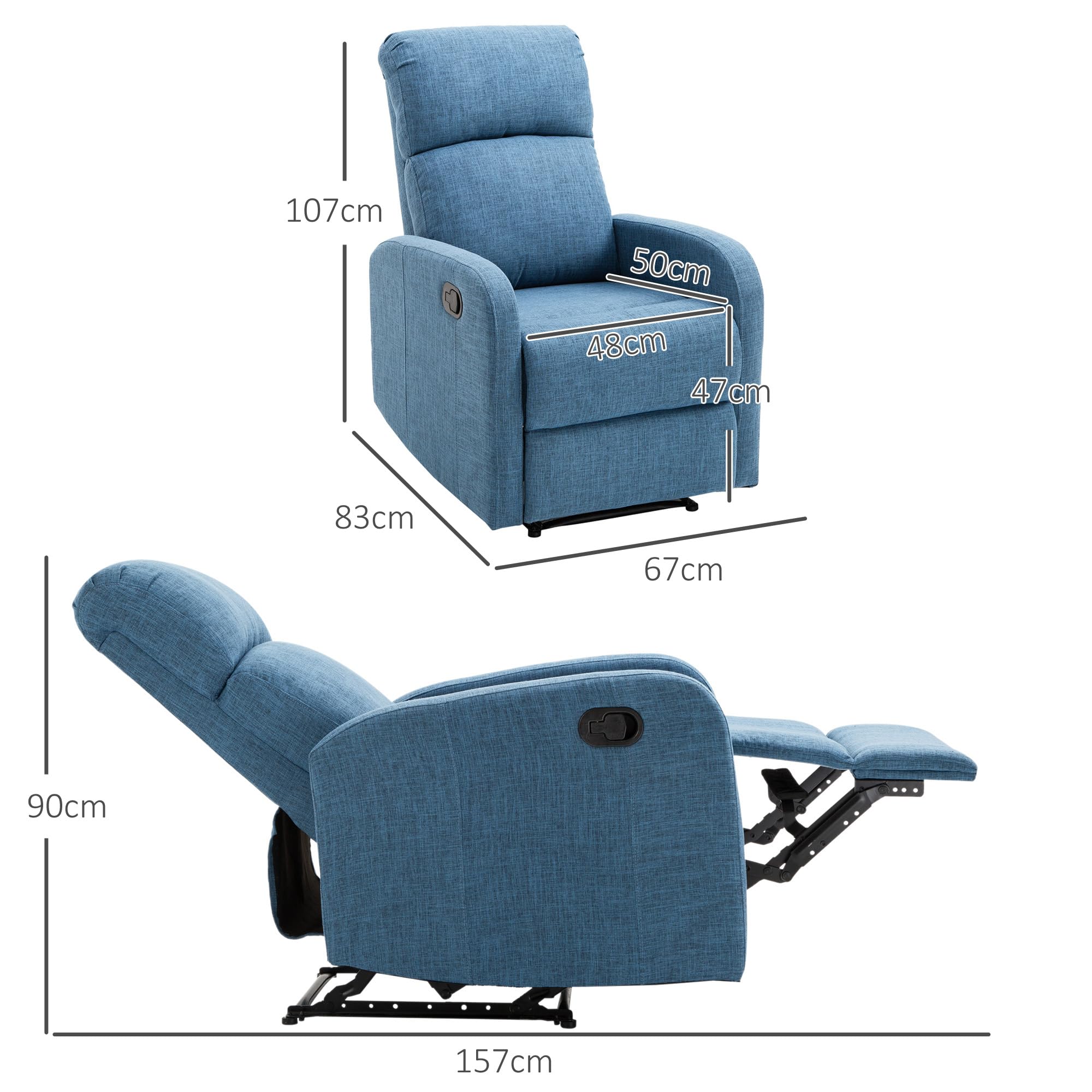 HOMCOM Poltrona Relax Reclinabile Manuale con Poggiapiedi Portata 125kg Tessuto di Lino 67 × 83 × 107cm Blu