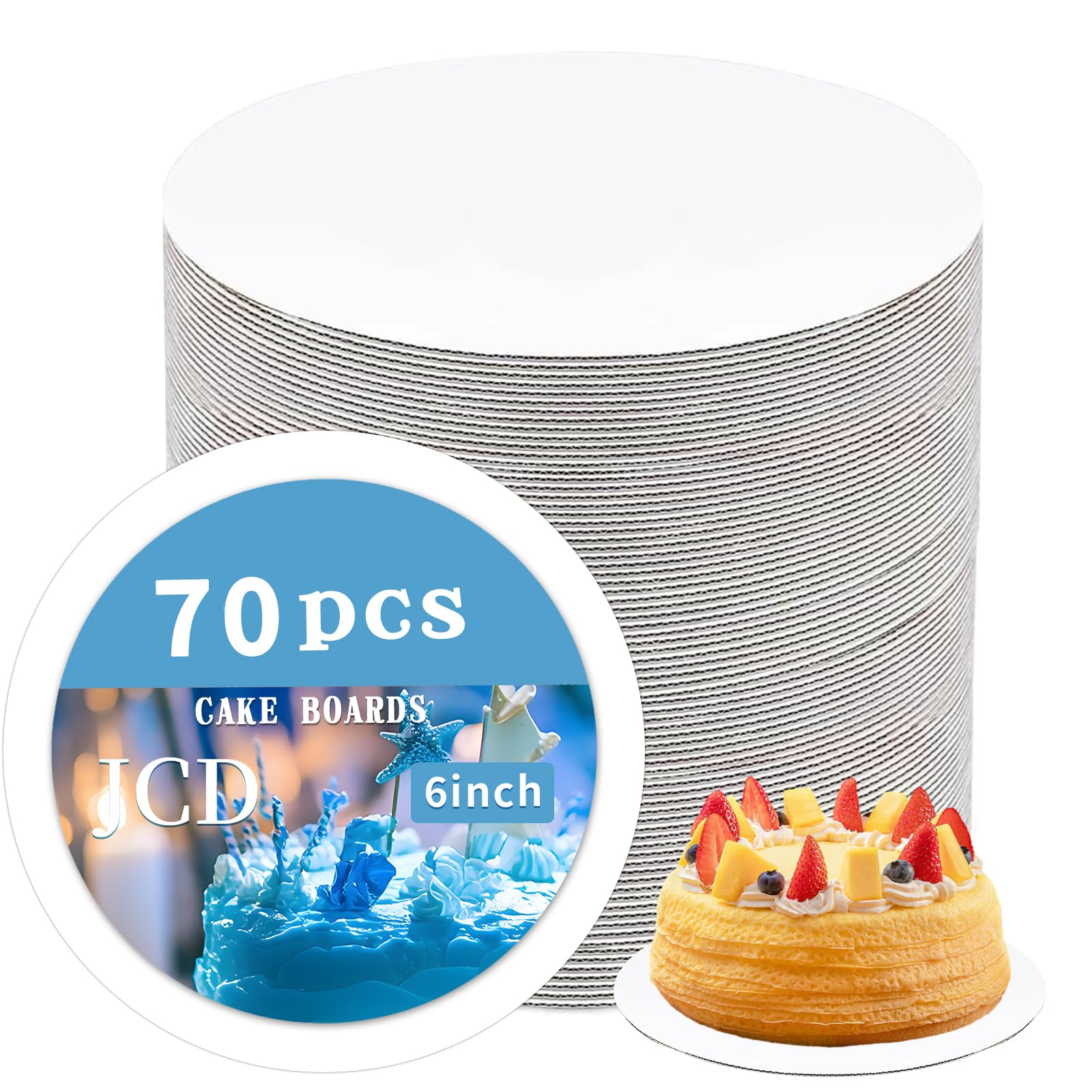 JCD 70 Packs White Cake Boards 6 inch Round,Food-Graded Corrugated Cardboard Cake Rounds,Waterproof and Oil-Proof Cake Plate for Cake DIY,Dessert and Crafts Display (White, 6inch/70Pcs)