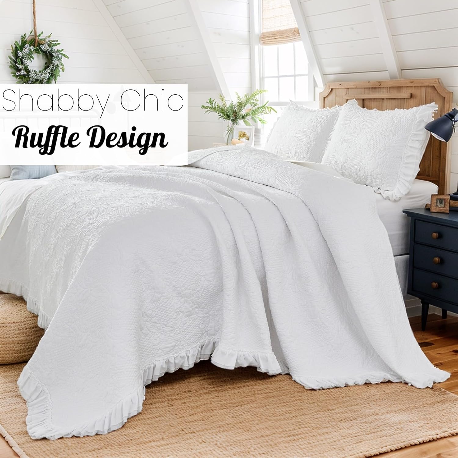 Brandream White Quilt Set King Size Cotton Farmhouse Paisley Matelasse Coverlet Set Ruffle Bedspread