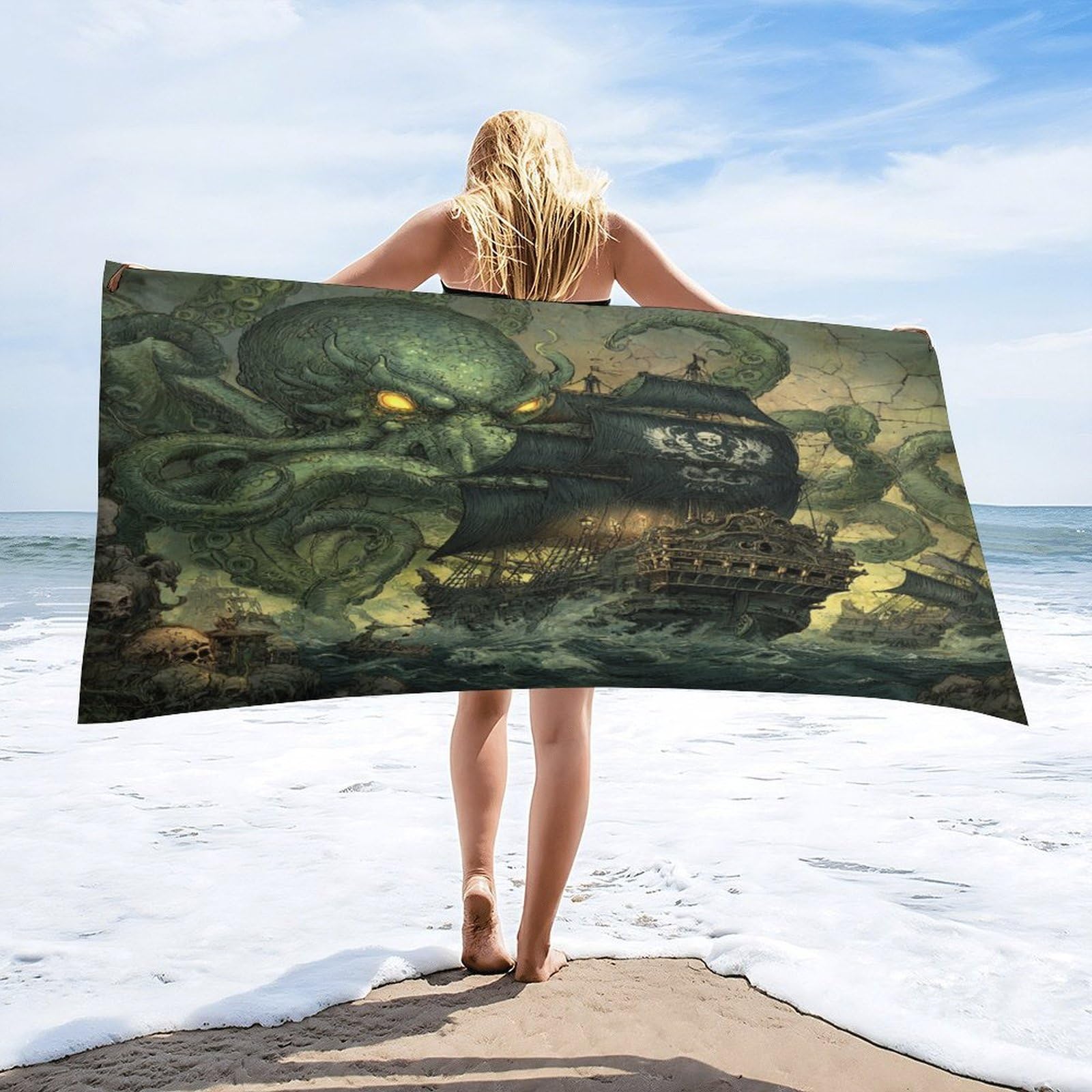 Luyysky Fantasy Rustic Sea Octopus Quick-Drying Beach Towel, Nautical Viking Animal Octopus Pirate Ship Skeleton Skull Travel Vacation Single Sided Pile Bathroom Towels-80 W Cm X 160" L Cm