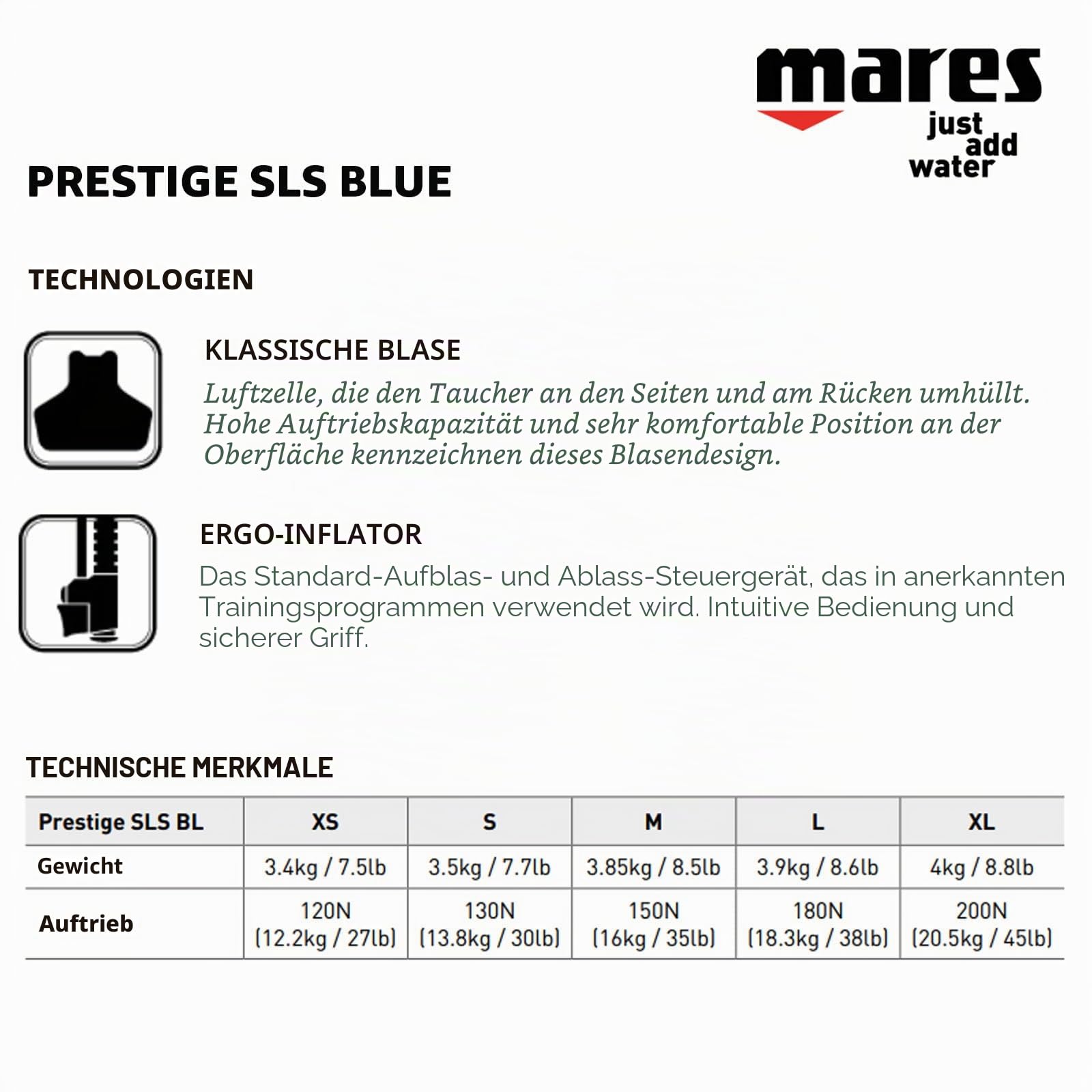 Mares Prestige SLS BL, Tarierjacket für Erwachsene, Unisex, Blau, M