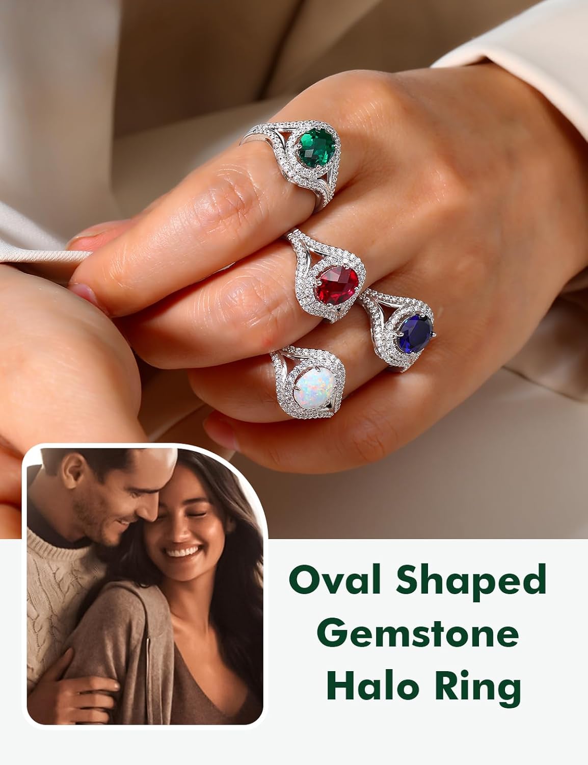 Womens Engagement Ring 925 Sterling Silver Oval Elongated Cushion Cut Sapphire/Ruby/Emerald/Opal Gemstone Anniversary Statement Cocktail Halo Ring Size 6 to 10 (with Gift Box) - Image 3