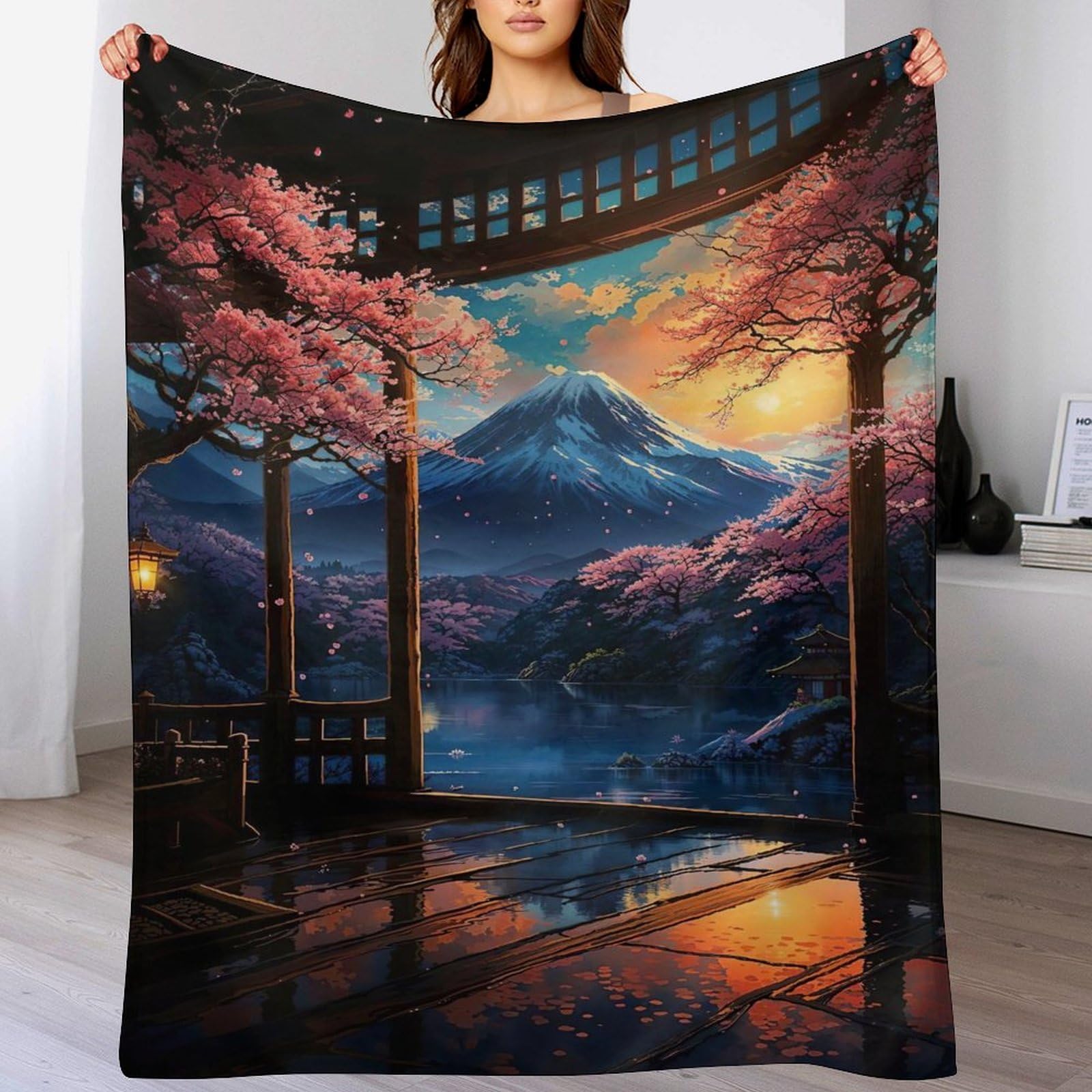 Couverture en flannel anti-peluche cerisier japonais pour lit et canapé