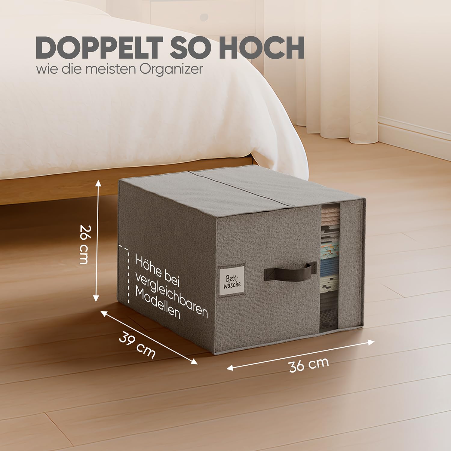 Björn&Schiller Aufbewahrungstasche, 6 Stück Kleideraufbewahrung und Organisation, Kleidung Aufbewahrung, Kleiderboxen Aufbewahrung, 39×36×26 cm, 37L, Leinen, grau, faltbar, mit Sichtfenster & Gurten