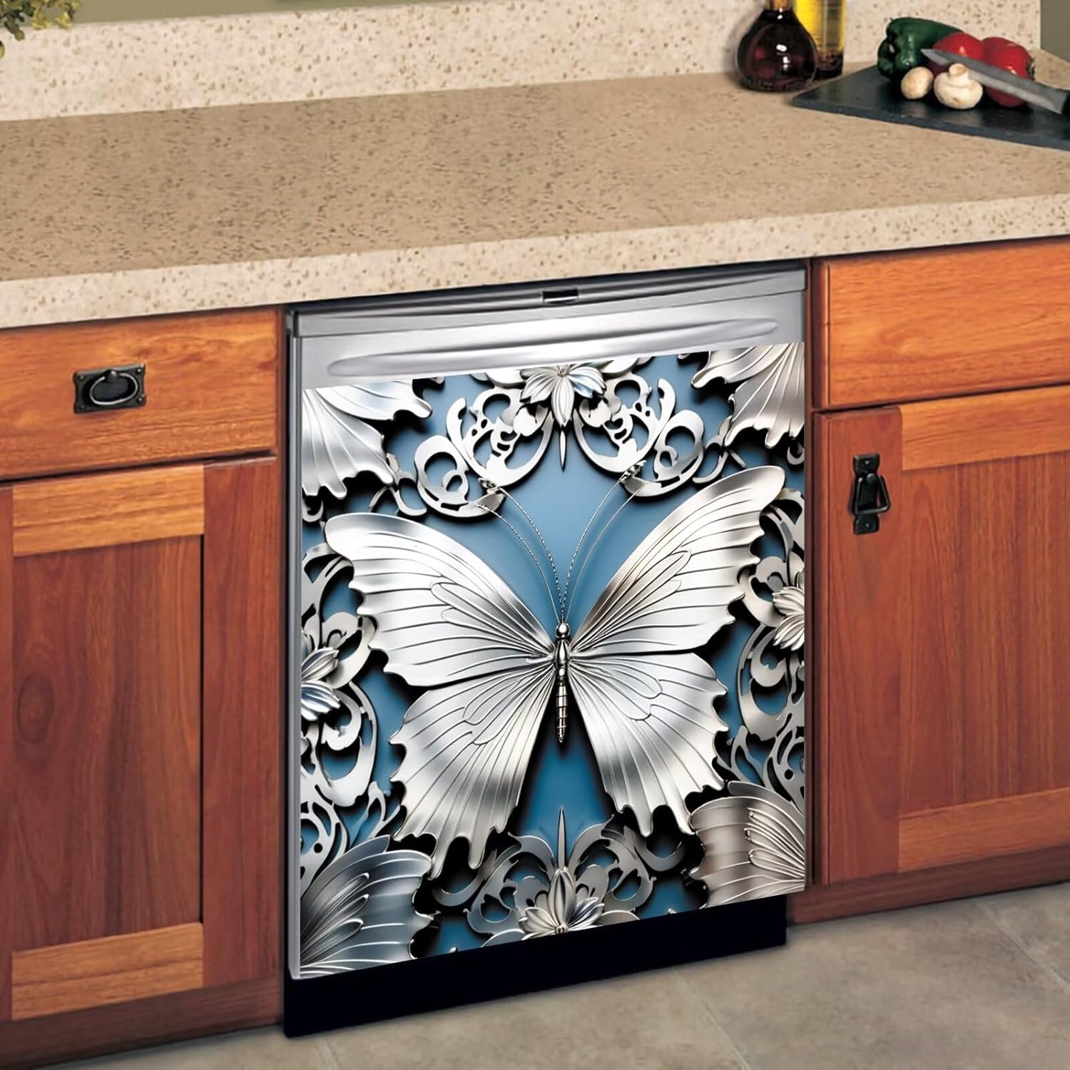 Vintage Silver Butterfly Magnet, Dishwasher Cover Sheet,Butterfly Decal for Front Door 23x26 inch Metal Butterfly Steel Decor, Silver Metal Refrigerator Magnetic Door, Vitality Sticker