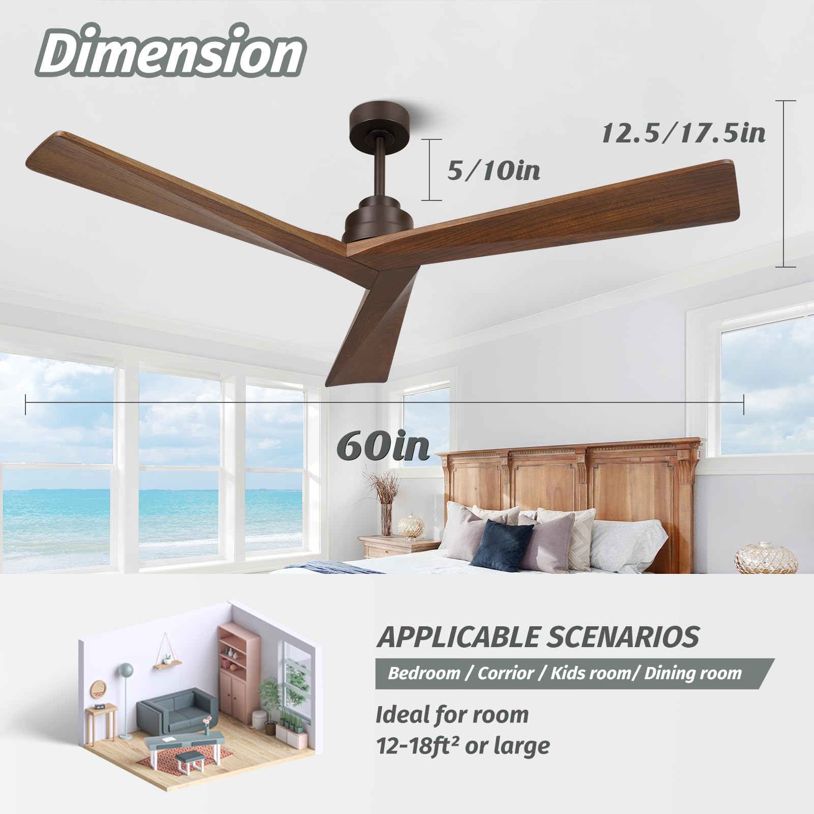 KAPOEFAN 60 Inch Ceiling Fan without Light, Wood Ceiling Fans no