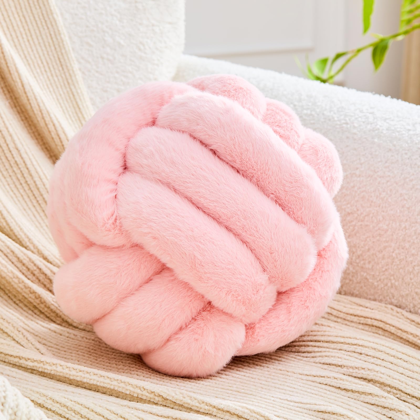 Uvvyui Knot Pillow Ball Home Decorative Pillows Round Throw Pillow with Faux Rabbit Fur Handmade Knotted Plush Pillow Aesthetic Room Decor Round Boucle Pillow Cushion (Pink, 11 Inch)