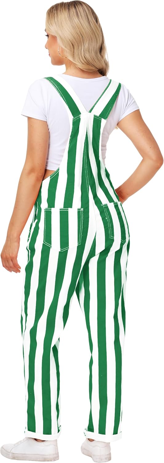 Womens Striped Bibs Overalls Cotton Denim Coveralls Stretch Jeans Jumpsuit - Image 7