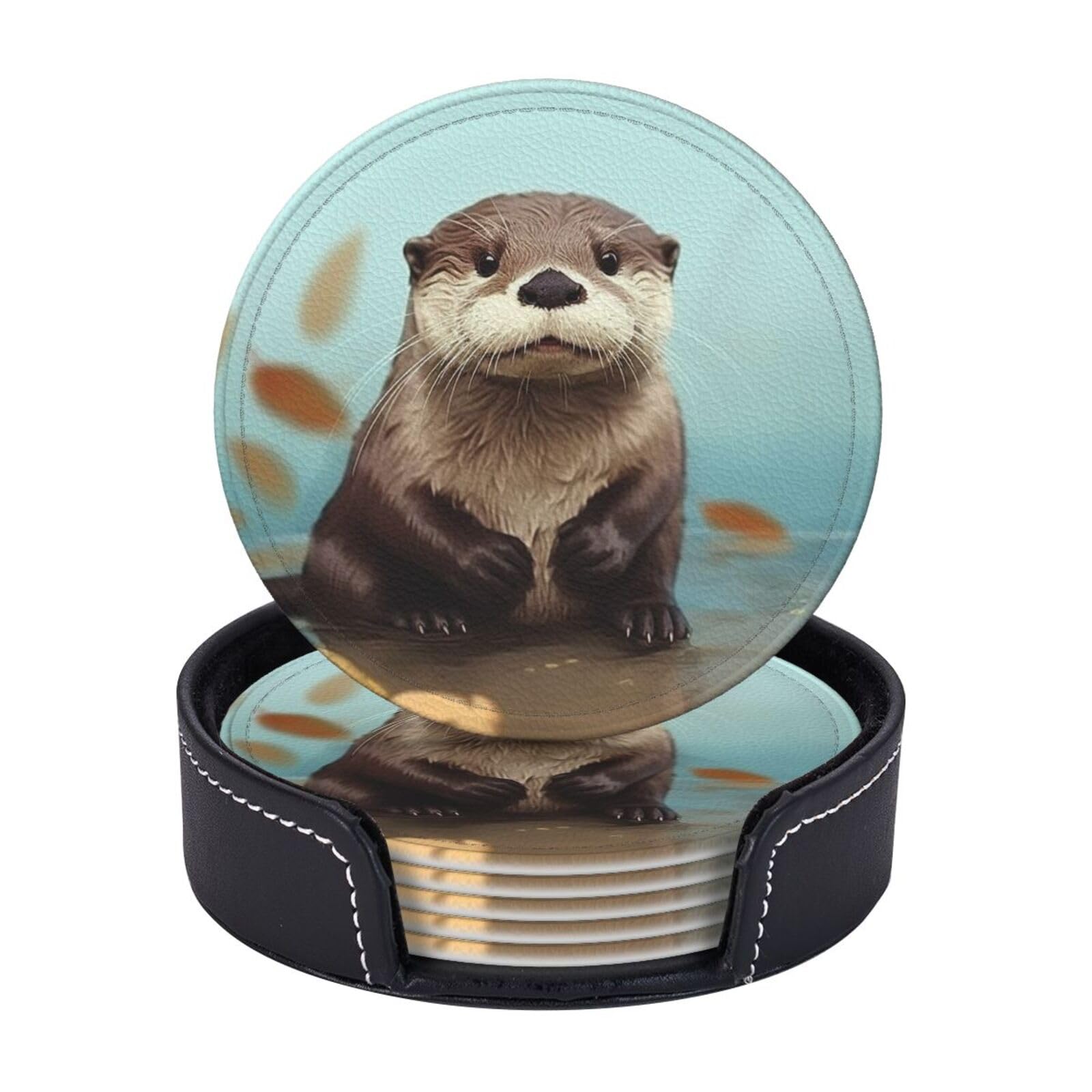Round Coasters for Drinks Set of 6 - PU Leather Coasters with Holder - Modern Drink Coasters for Coffee Table - Cute Otter Coaster for Tabletop Protection 4" Cup Mat Pad