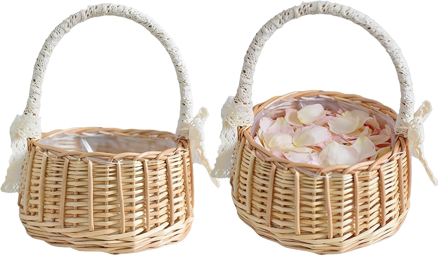 Flower Girl Basket Set 2 Pcs, Lightweight Wicker, Rustic Wedding, Elegant With Lace & Pearl, For Favors And Party Decoration