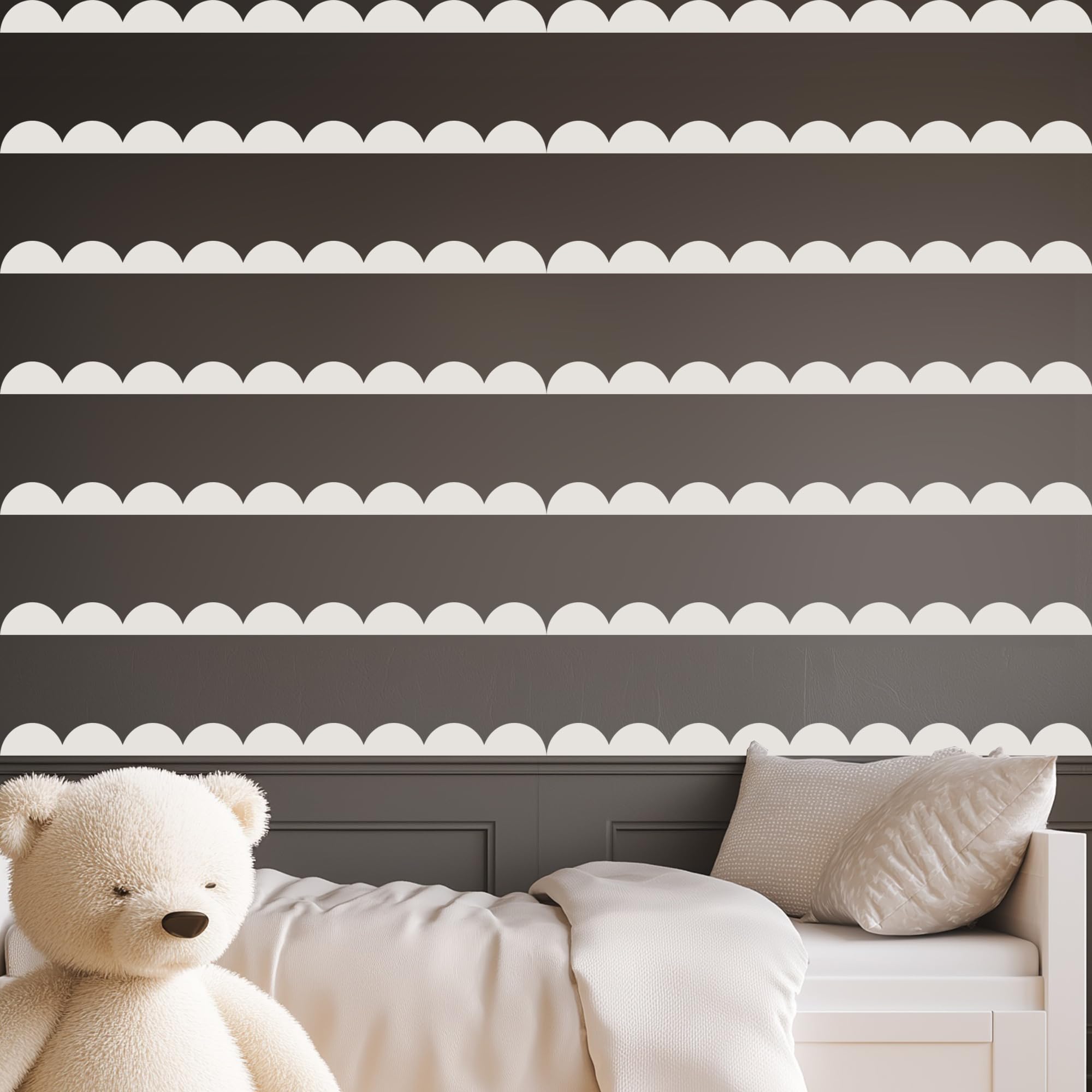 Photo 1 of [Stickers Bent] Scallop Border Wall Sticker?Door Edge Scallop Decorative Art Stickers?Scallop Peel and Stick Border?for Nursery, Kids Bedroom Living Room Home Scandinavian Boho Painting Wall Décor. (Painters White)