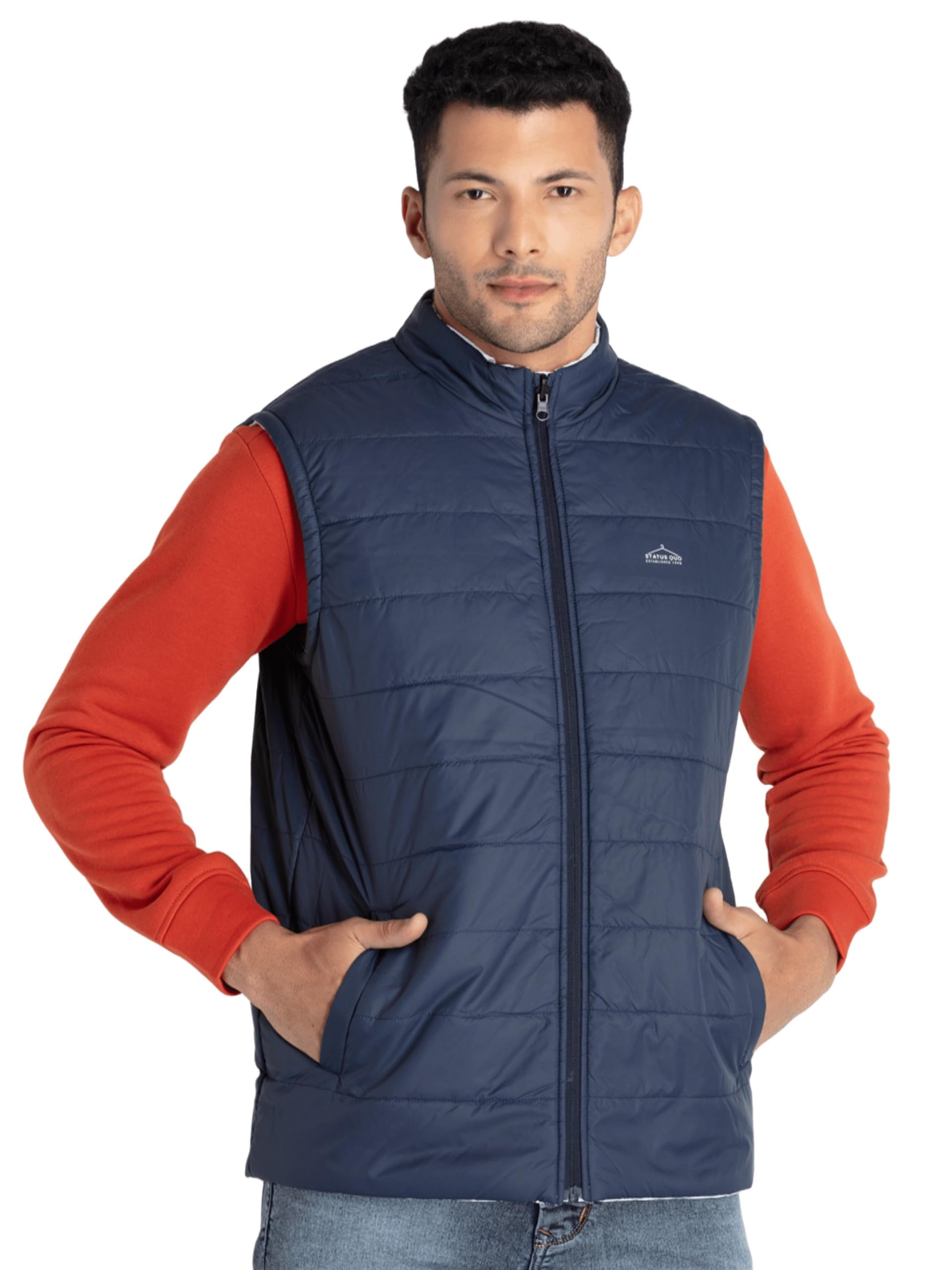 status quo Men's Solid High Neck Sleeveless Jacket | 100% Polyester | WHITE/LT.NAVY | 2XL Size-picture-32