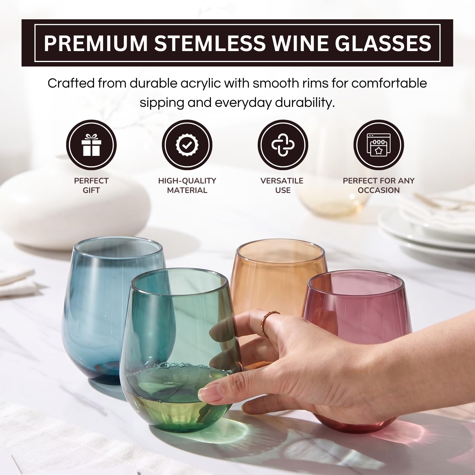 Tritan - Copas de vino de plástico sin BPA, inastillables, sin tallo, juego de 4, vasos de vidrio acrílico, colores irrompibles, reutilizables, aptas para lavavajillas, cristalería multiusos de 15