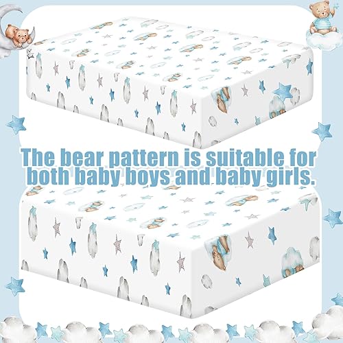 Miniatura 3 de Juego de 4 sábanas para cuna de bebé, diseño de oso azul, unisex, suaves y transpirables, sábanas neutras para cuna, regalos de bebé, niñas y niños,