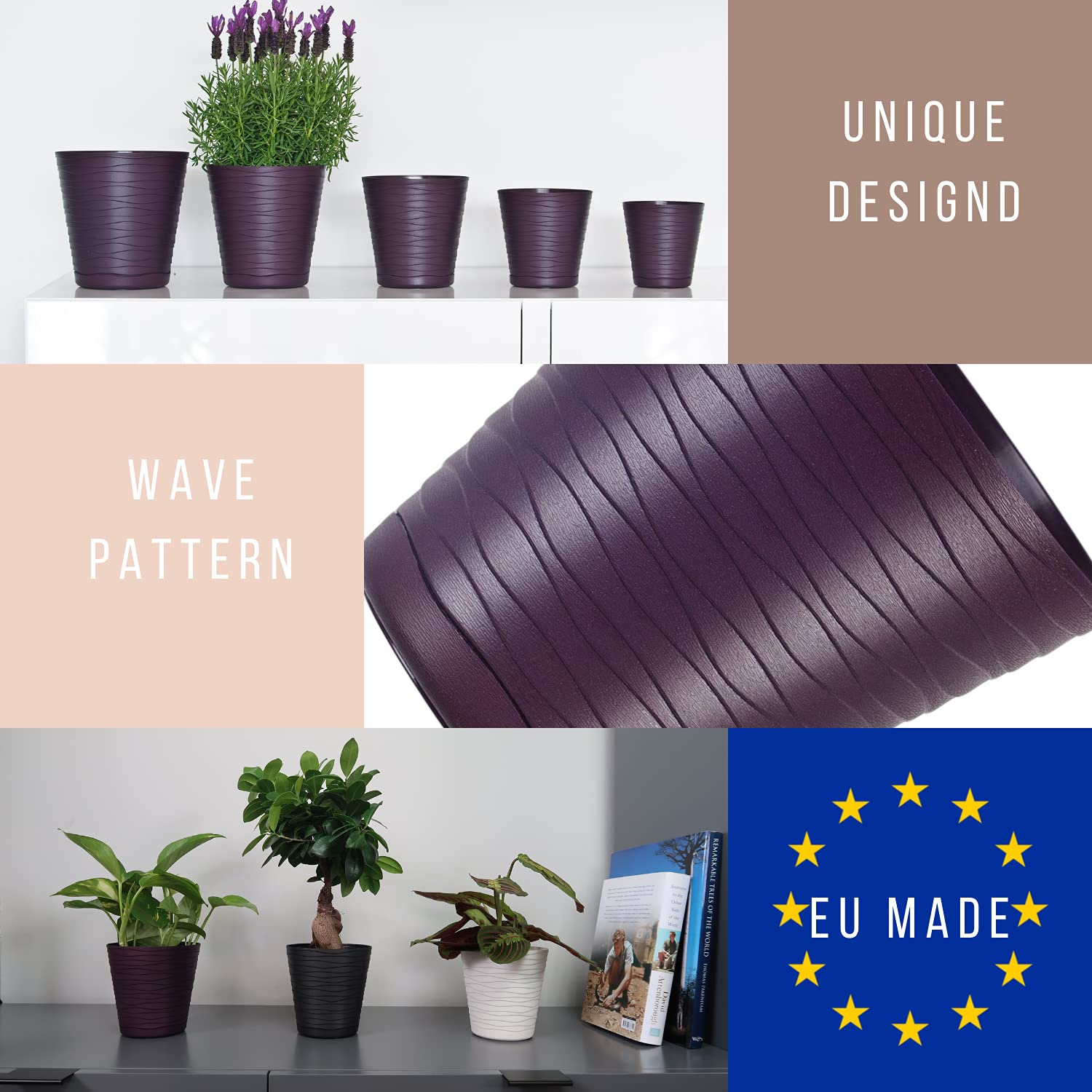 ORTEN Vaso da fiori in plastica con sottovaso e fori di drenaggio, per tutte le piante da appartamento, erbe, cactus, orchidee, piante grasse, set da 3 ( 13 cm, beige